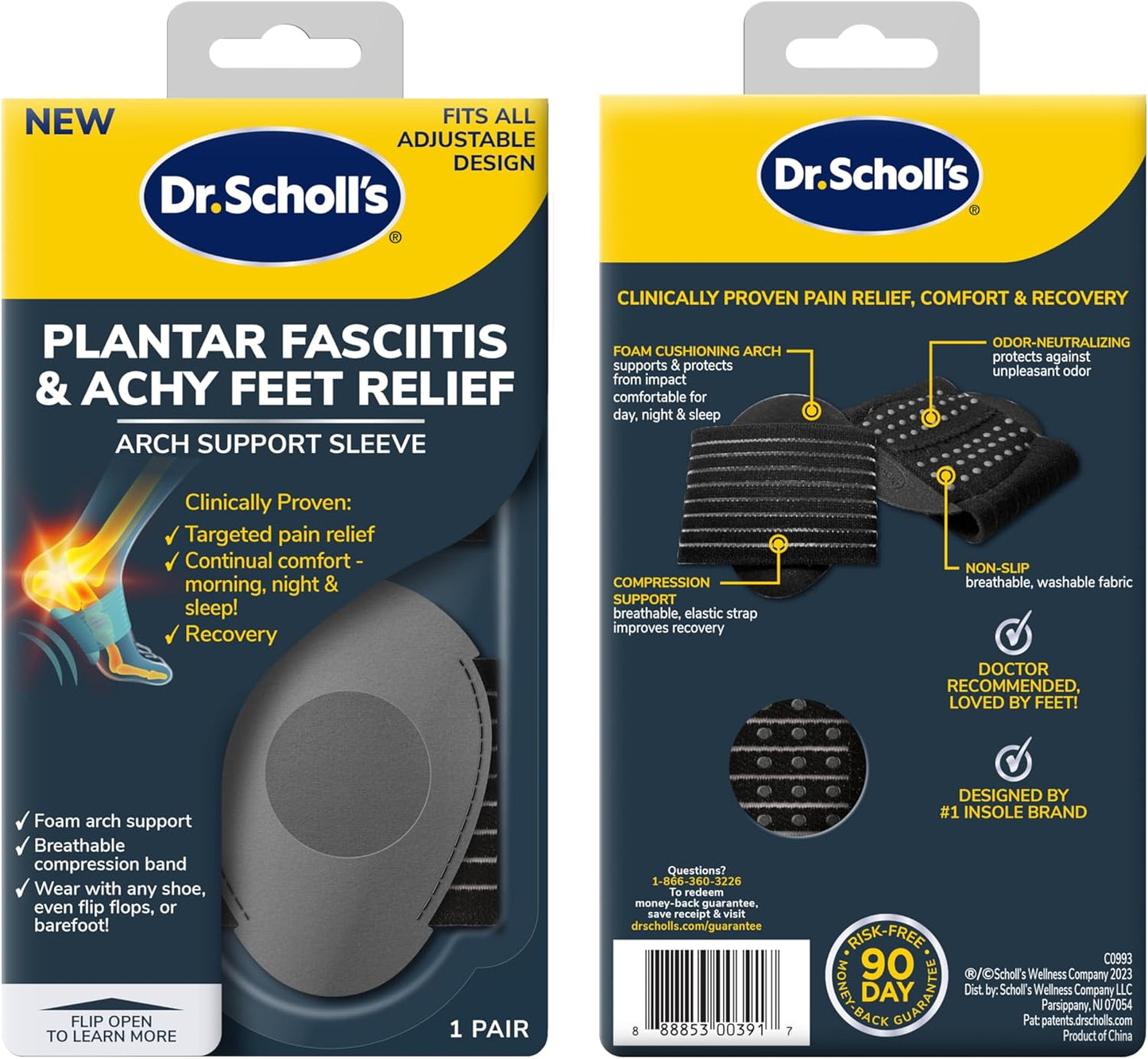 Dr. Scholl's® Plantar Fasciitis & Achy Feet Relief Arch Support Sleeve, Cushioned Arch Support, Compression Band, Foam Pad Insert, Non Slip Sole, All-Day Wear Morning to Night, Unisex 1 Pair