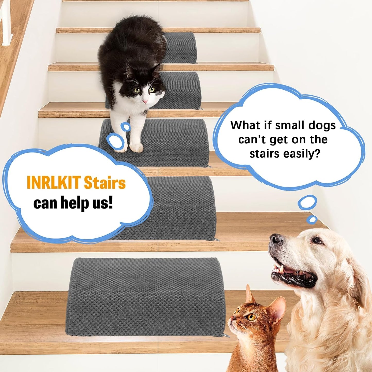 40D Dog Ramp for Stairs for Small & Senior Dogs and Cats – Non-Slip Stair Ramp for Dogs with Gentle Slope, Pet Ramp with Washable Cover & Self-Sticky Pads for Safe Climbing Easy Install(Grey, 5 Pack)