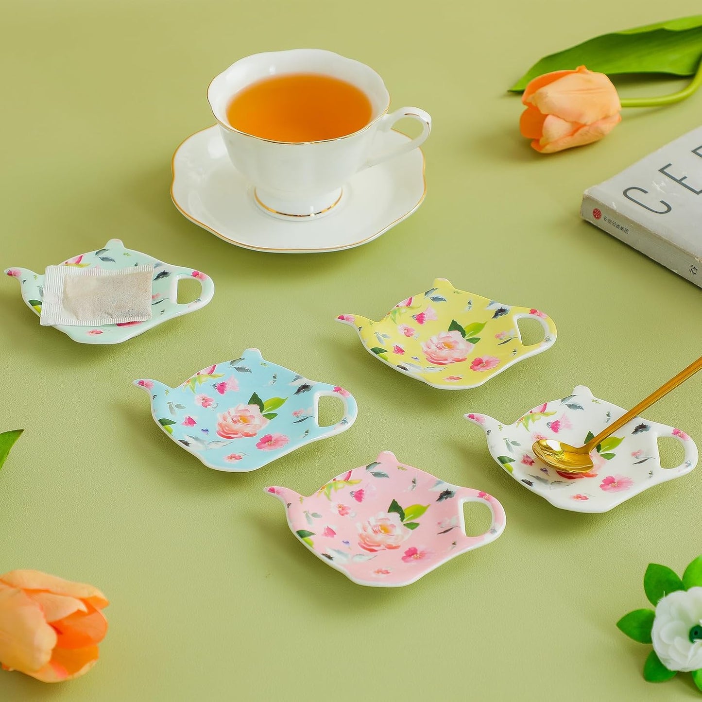 Porcelain Tea Bag Coasters, Floral Used Tea Bag Holder, Set of 5 Tea Bag Plates Floral, Teaspoon Rest, Tea Bag Rest Dish, Tea Party Gifts
