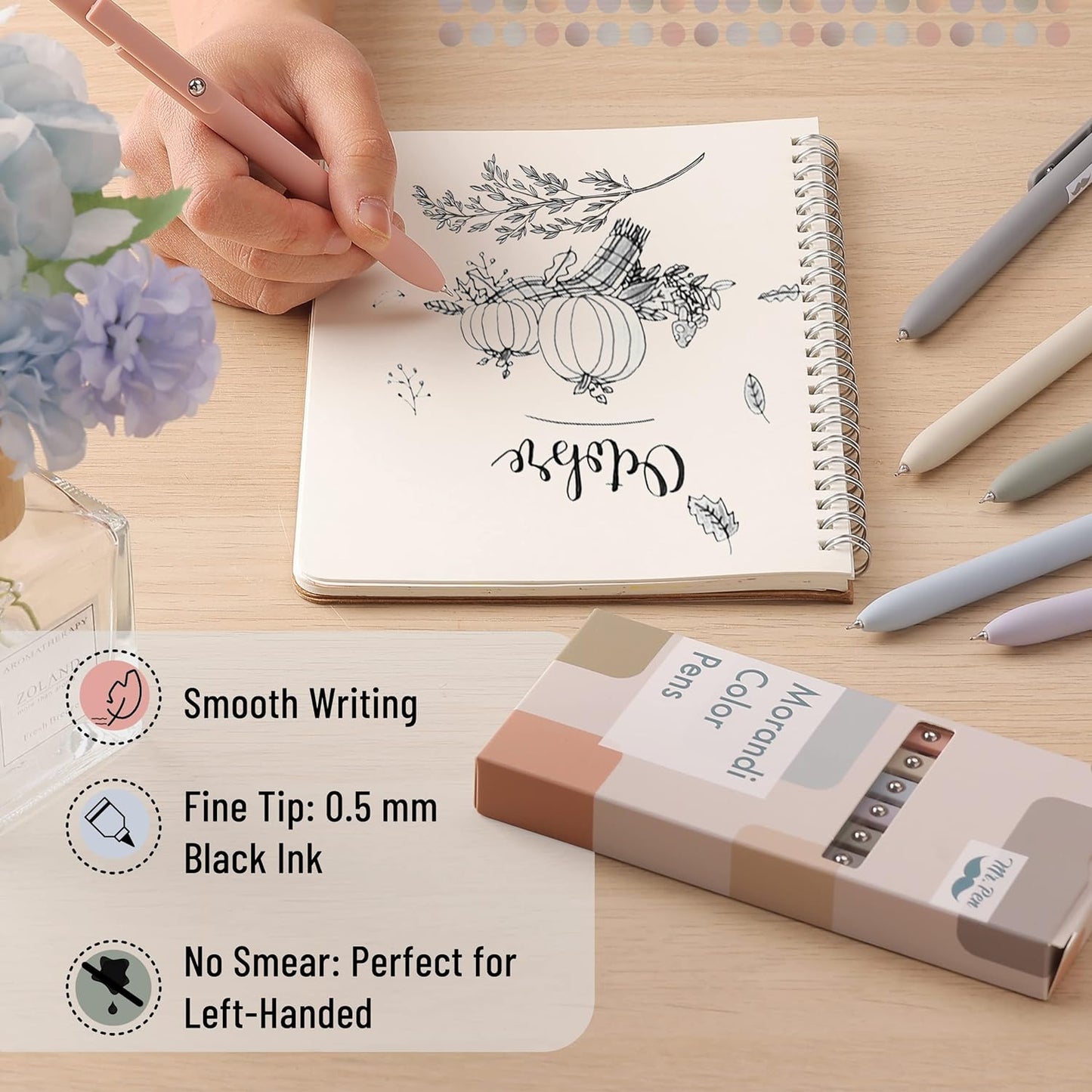 Mr. Pen - Retractable Fine Point Gel Pens, 6 Pack, Morandi Barrels, Fast Dry Black Ink, 0.5 mm Cute Aesthetic Pens for Journaling