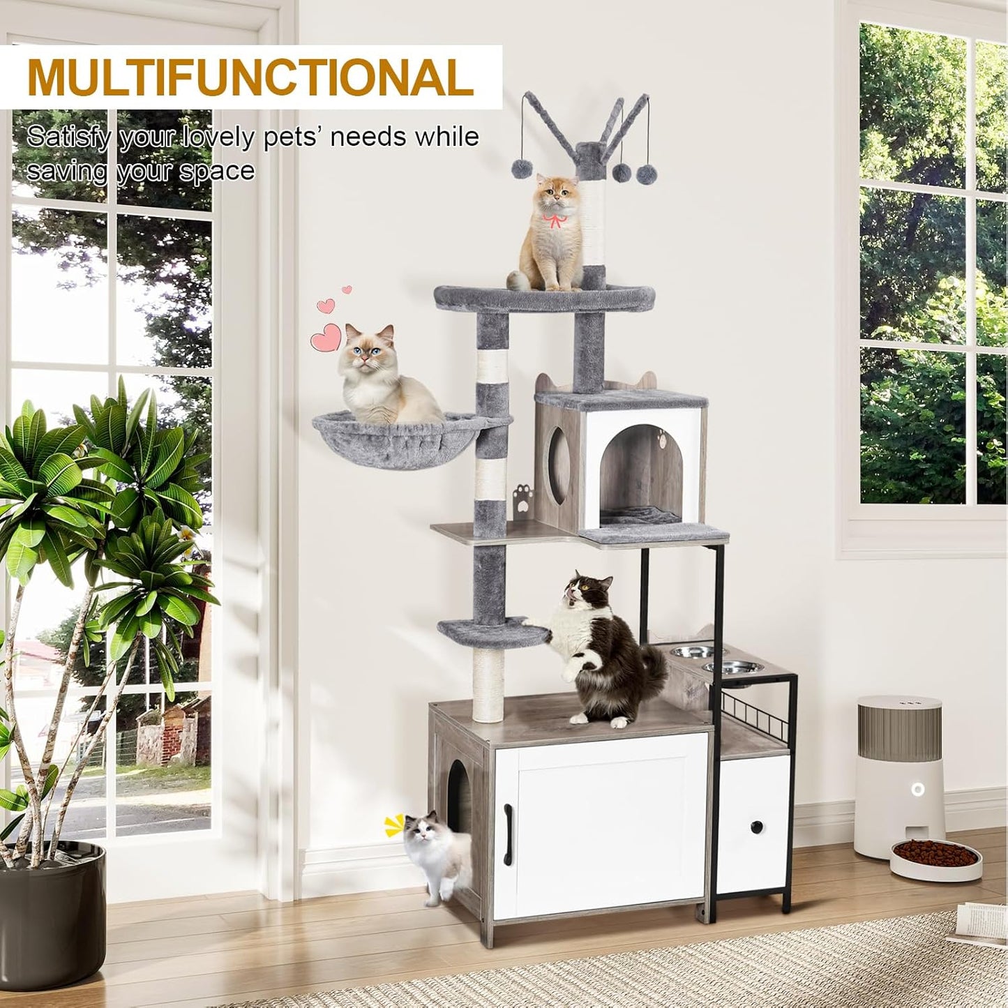 Snughome Cat Tree with Litter Box Enclosure, 3-in-1 Modern Cat Tower for Indoor Cats, 67.32’’ Hidden Cat Litter Box Furniture with Cat Condo, Food Station and Hammocks, All-in-one Cat Furniture
