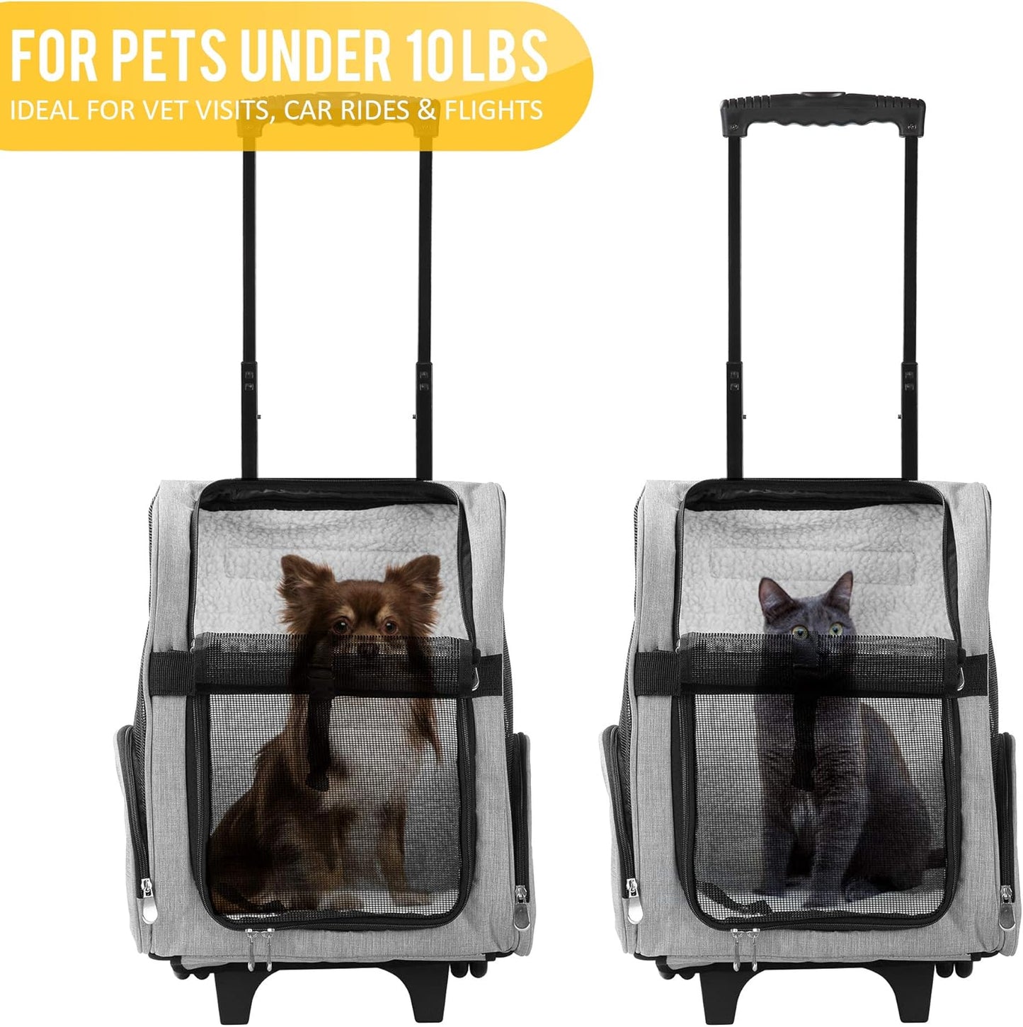 KOPEKS Deluxe Backpack Pet Travel Carrier with Double Wheels for Pets up to 10 Pounds - Black - Approved by Most Airlines