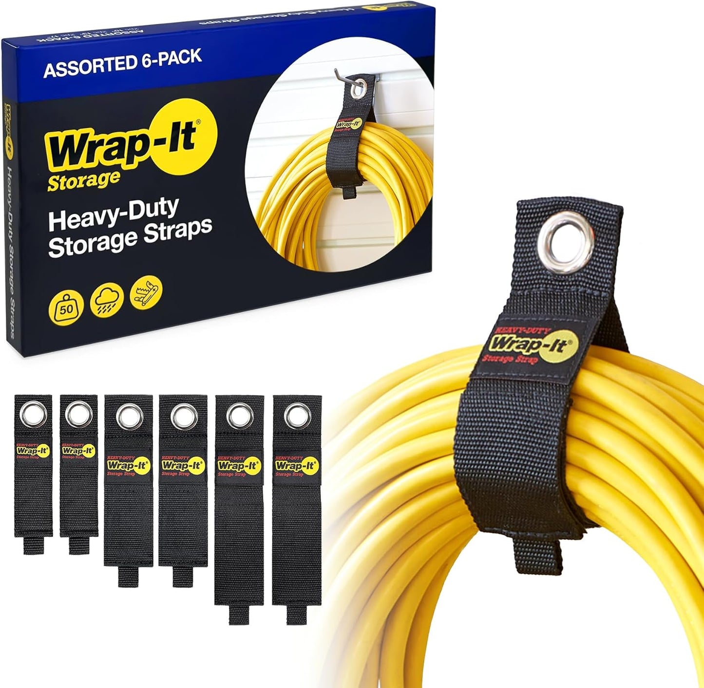 Heavy-Duty Wrap-It Storage Straps (Assorted 6 Pack) - Garage Storage Extension Cord Management Cable Straps for RV Accessories and Shed Organizer