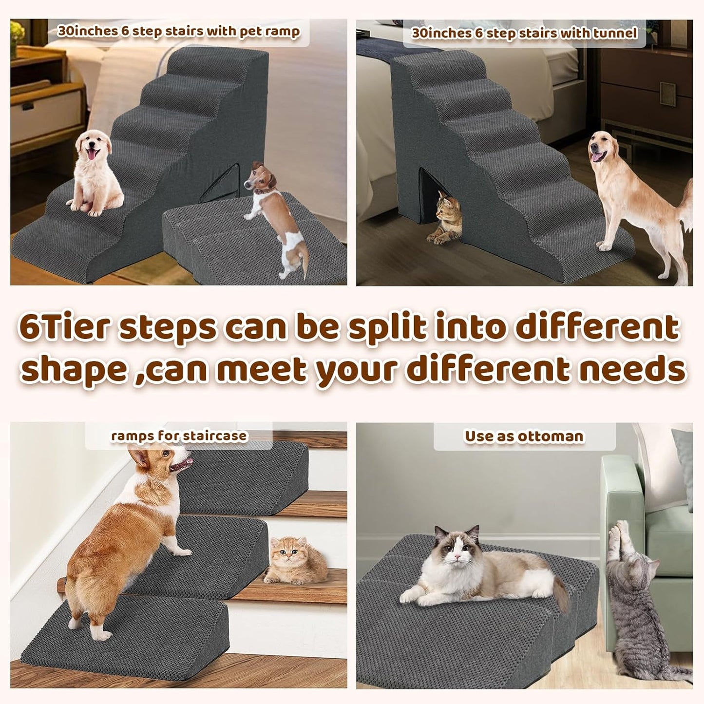 Dog Stairs for High Bed, 30 Inch Height 6 Steps Soft Foam Spliced Dog Steps for Bed, Non-Slip Sturdy Pet Stairs with 3 Pack Ramps for Staircase, Ramp for Small, Older Dogs - Grey