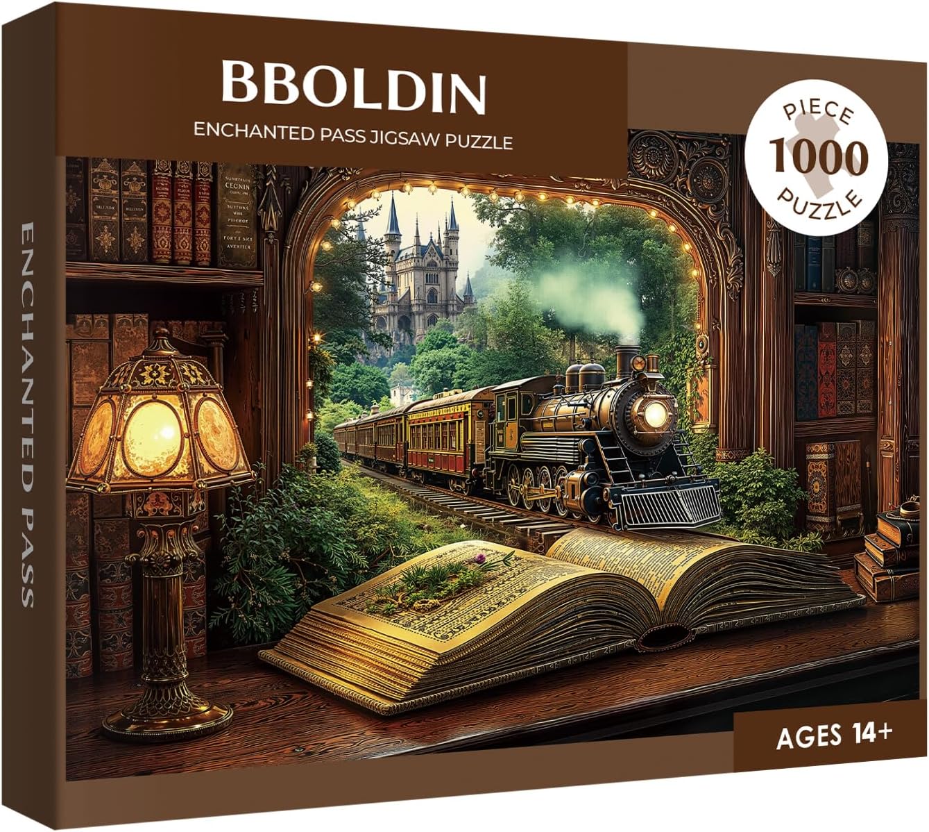 Train Forest Book Puzzle 1000 Pieces for Adults, Magic Vintage Plant Jigsaw Puzzles Castle, Fantasy Bookshelf Nature Tree Puzzles