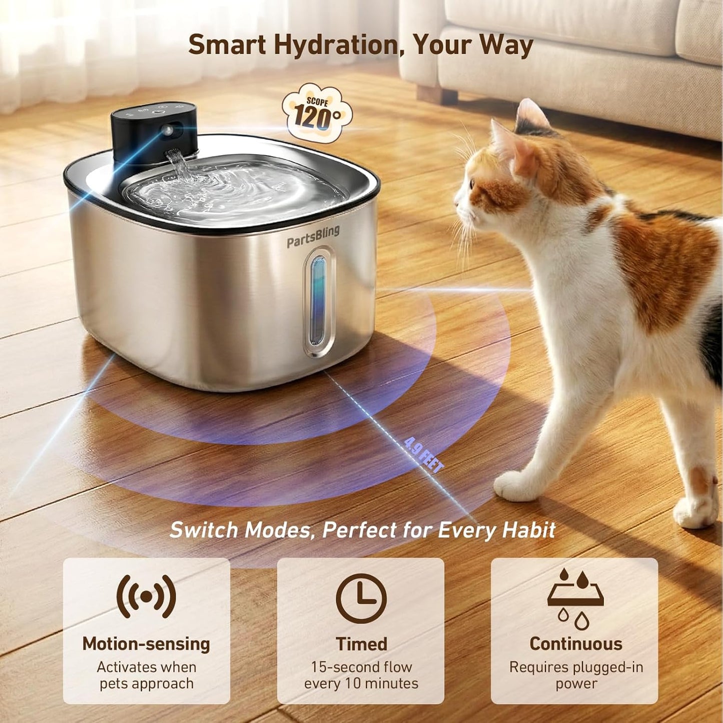 PartsBling Wireless Cat Water Fountain Stainless Steel, 4.2L/142 fl oz Cordless Pet Water Dispenser Bowl with 5000 mAh Rechargeable Battery with 4 Filters (Black Pump)
