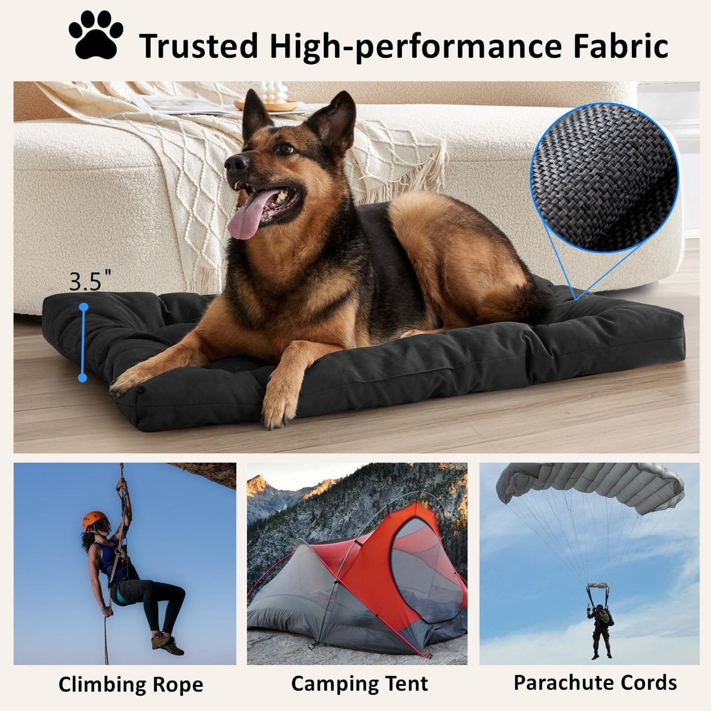 Chew Proof Dog Bed Indestructible for Large Size Durable Dog Crate Pad, Waterproof & Washable Tough Kennel Pet Mats for Aggressive Chewers (Black, L-22''x35'')