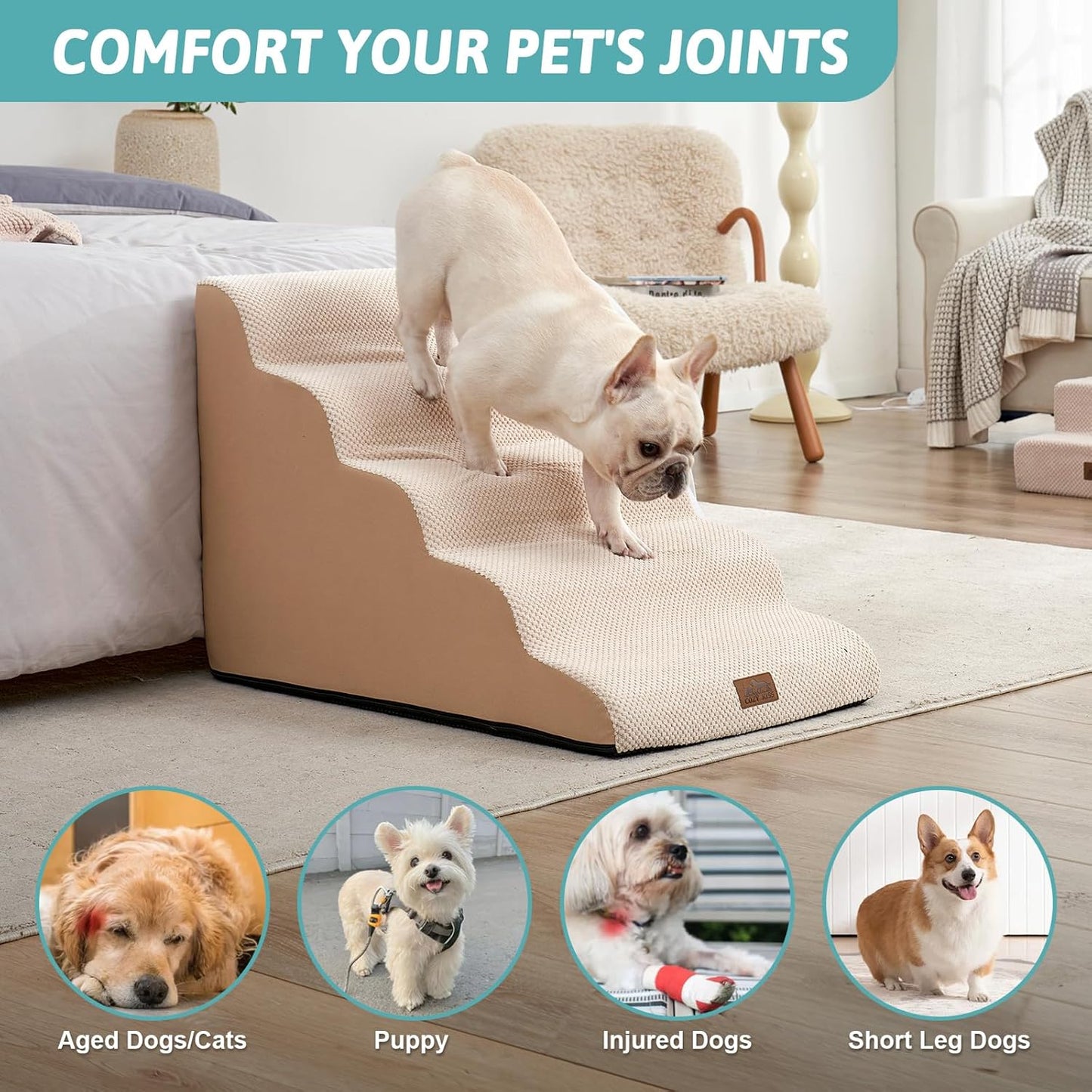 Wide Dog Stairs 19.7" Width, Pet Step for Small Medium/Large Dog, Puppy or Cat, Pet Ramp for High Bed or Car, High Density Foam Ladder, Stable, 5 Step, 19.7x33x22.4 in, Beige