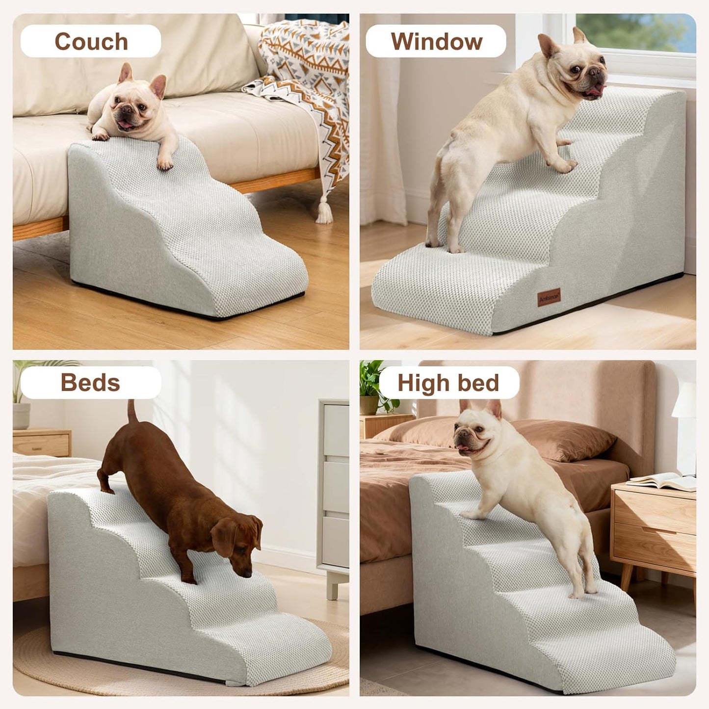 Dog Ramp and Stairs for Small Dogs & Cats,3-Step Pet Stairs for Couch Sofa and Chair,Indoor Anti-Slip Dog Stairs for Old Cats and Puppy,Light Grey
