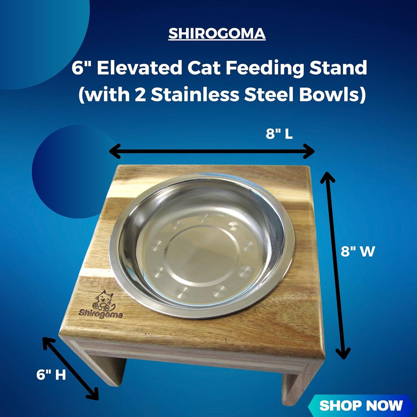 Raised Cat Bowls, 6.25 in wide, 6" Elevated Cat Feeding Stand (with 2 Stainless Steel Bowls: 12 oz/1.5 cup), Small Dogs, Rabbits, Anti-Vomit, Whisker friendly, 6 x 8 x 8 in, Acacia Wood