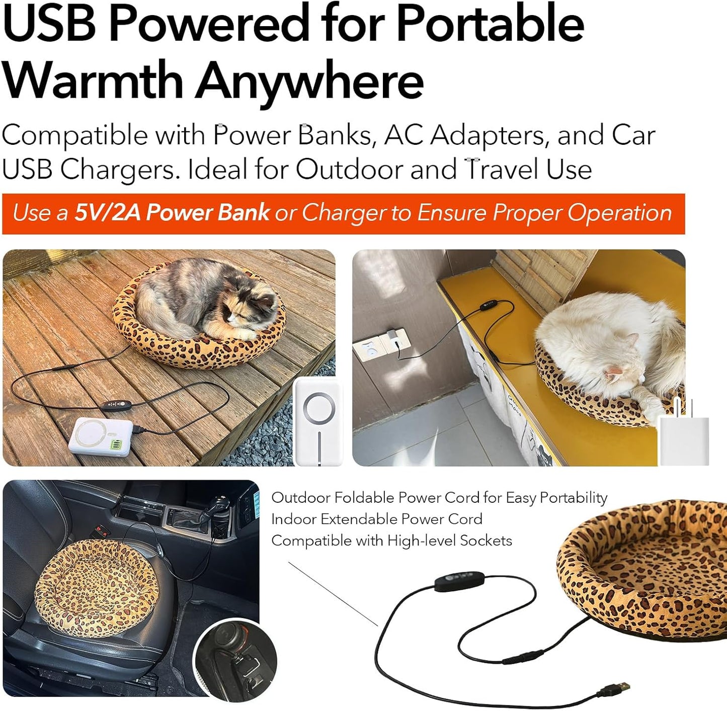 USB Heating Bed for Cats & Small Dogs - 5V Safe Heated Pad with 3-Temp Control, Washable, Indoor/Outdoor Pet Warming Bed Powered by Power Bank Battery/Car/Wall (Leopard)