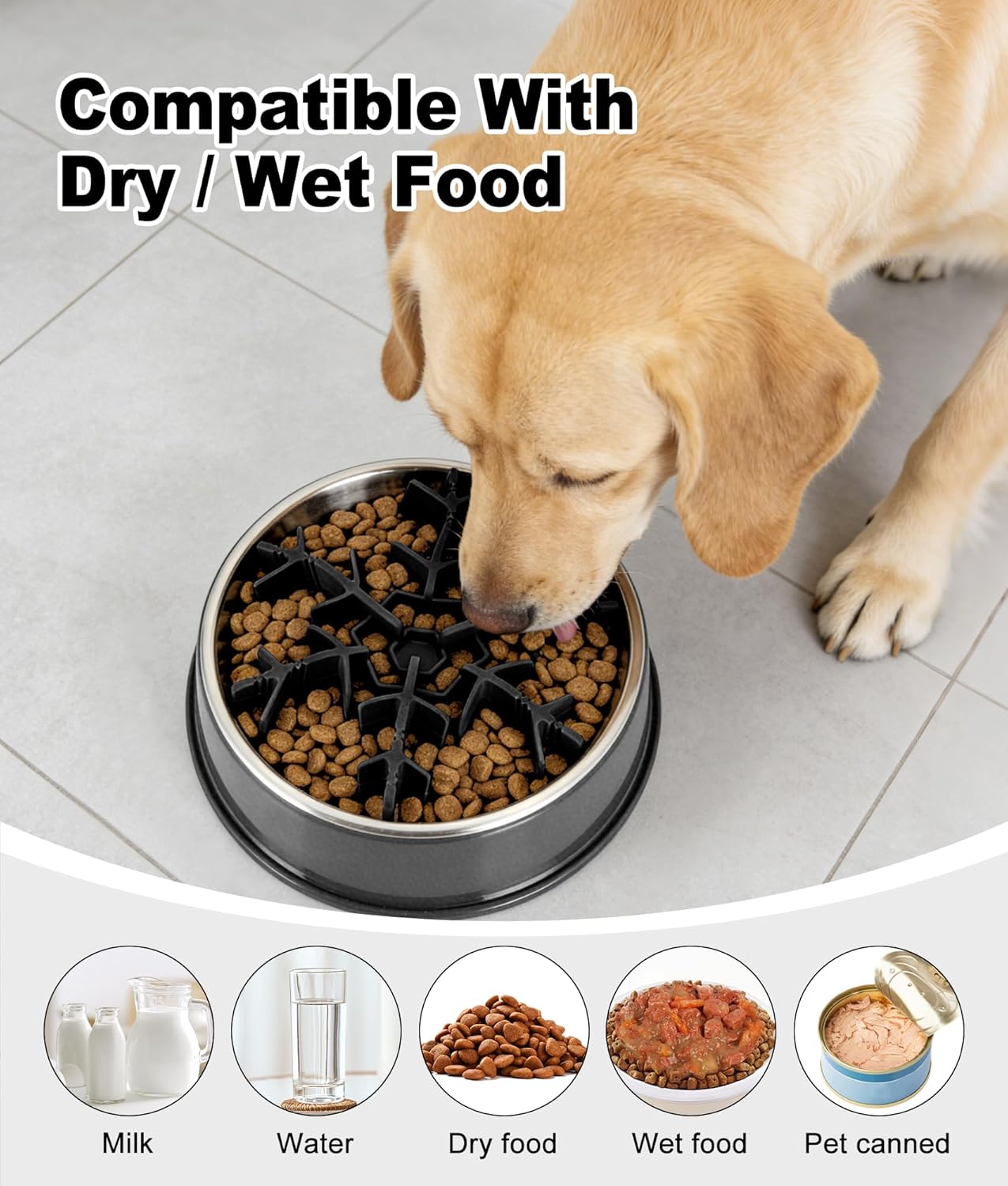 Slow Feeder Insert for Dog Bowl, Mabnuby 100% Food-Grade Silicone Slow Feeder Insert Fits Large Medium Small Size Dogs, Compatible with Regular & Elevated Bowls, Helps Prevent Digestive Issues, Black