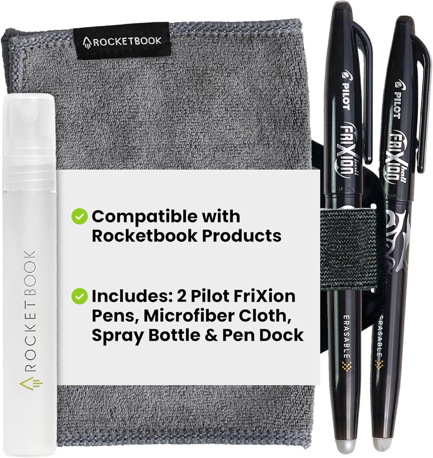 Rocketbook Accessory Kit – Complete Set with 2 FriXion Gel Pens, Spray Bottle, Microfiber Cloth & Pen Dock – Compatible with Rocketbook Notebooks & Planners for Effortless Organization Daily