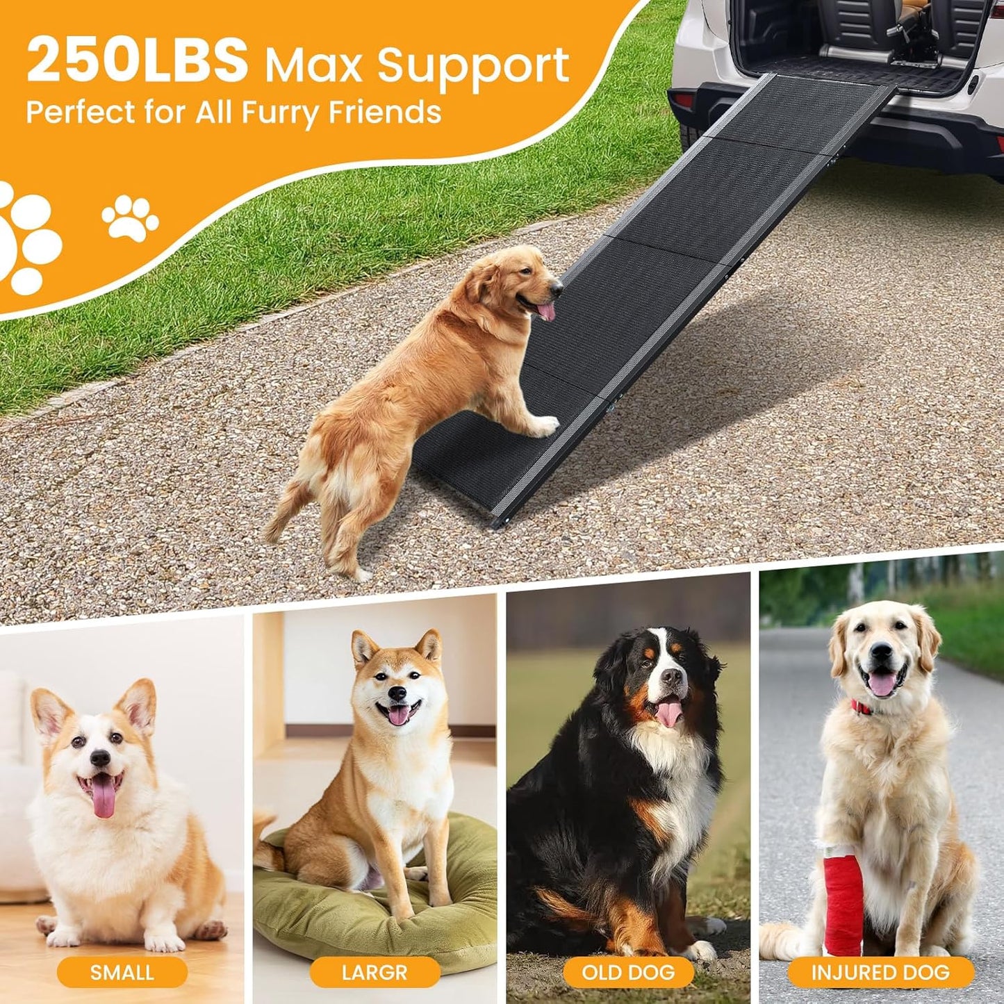 Dog Ramp, Dog Ramp for Car with Anti-Slip Surface, 63''x17.3'' Folding Pet Ramp for Large Dogs to Get on Truck SUV Van Up to 250LBS, Car Ramp for Dogs Dog Stairs for Bed Couch Outdoor Indoor
