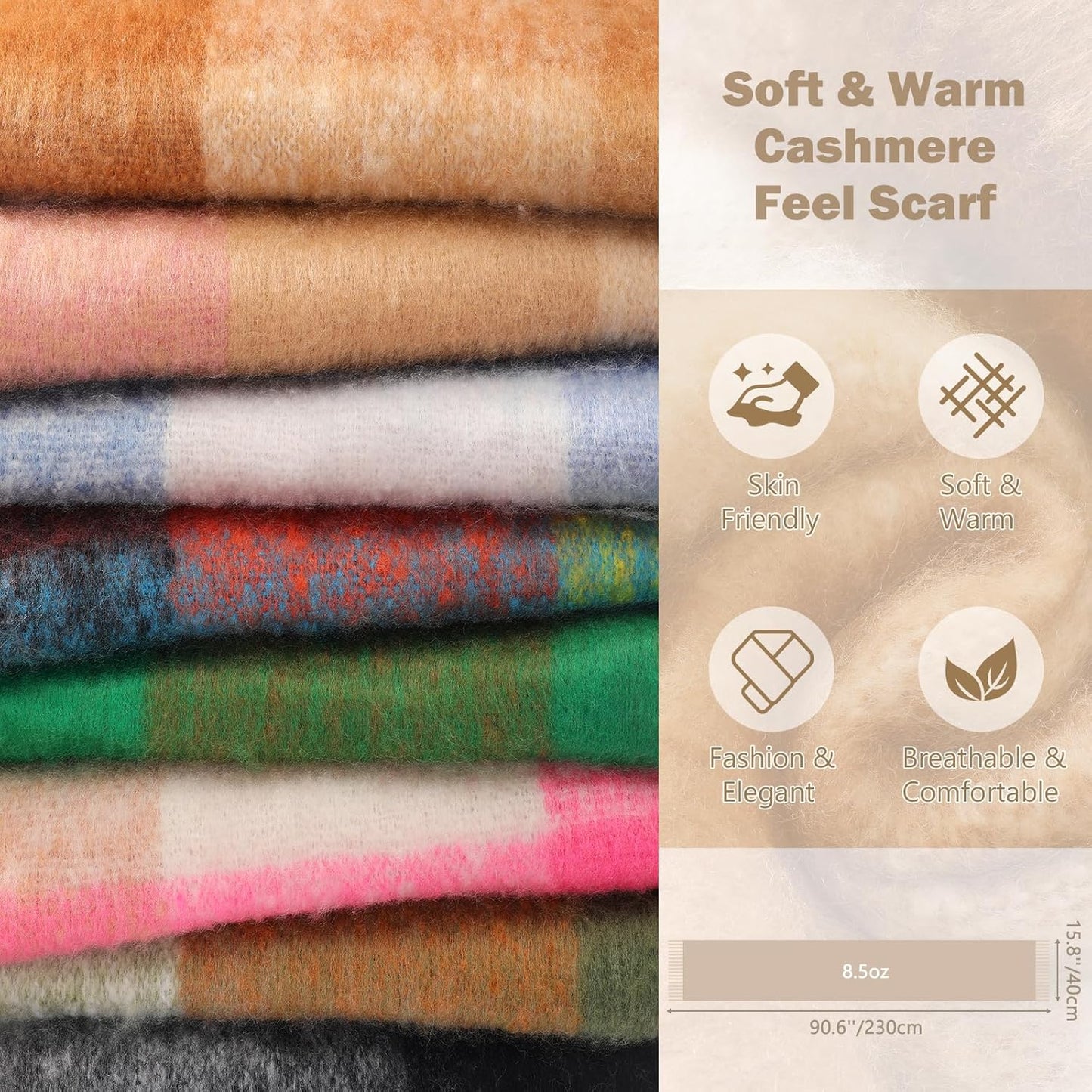 Clothirily Womens Mohair Winter Scarf, Warm Scarfs for Women, Cashmere Feel Women Plaid Scarves, Winter Pashmina Shawls Wraps