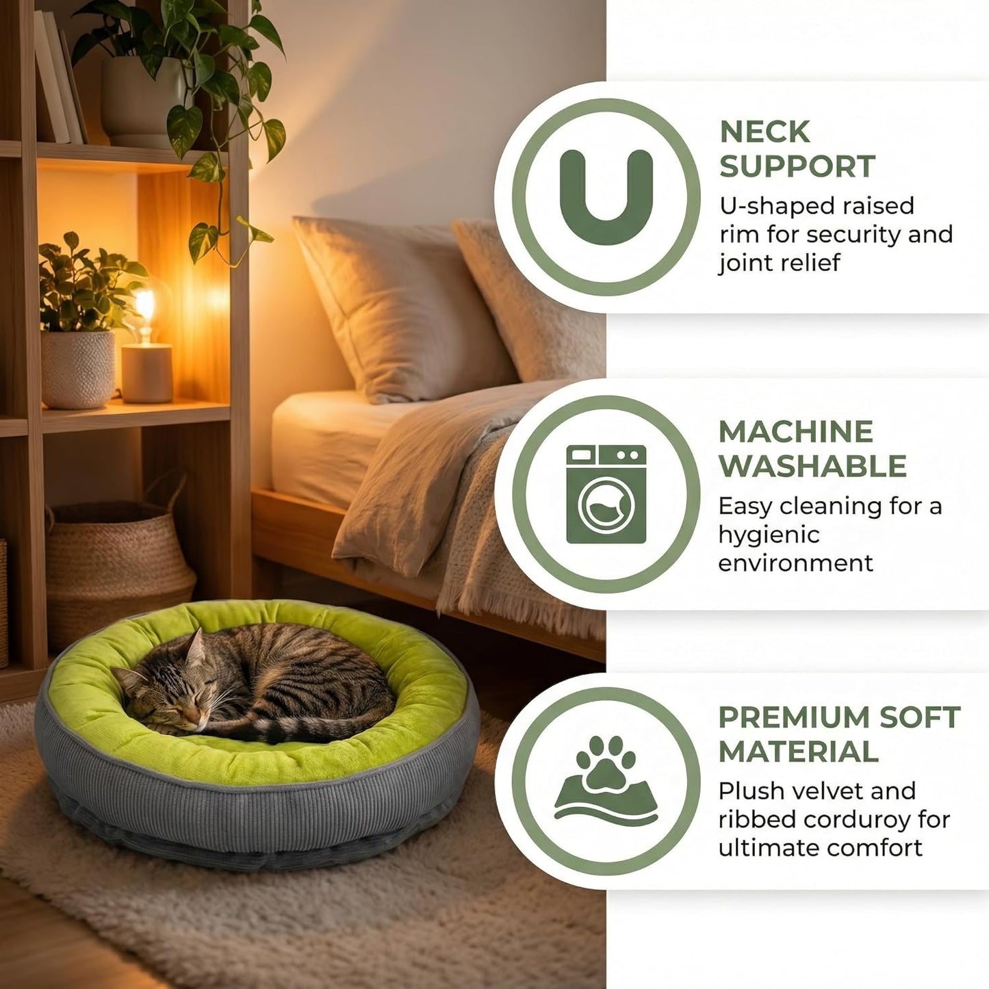 Calming Dog Bed for Small Dogs 16"x20" - Washable Donut Pet Bed with Anti-Slip Bottom, Soft Puppy Bed for Indoor Kittens and Cats with Removable Cover (Lime Green)
