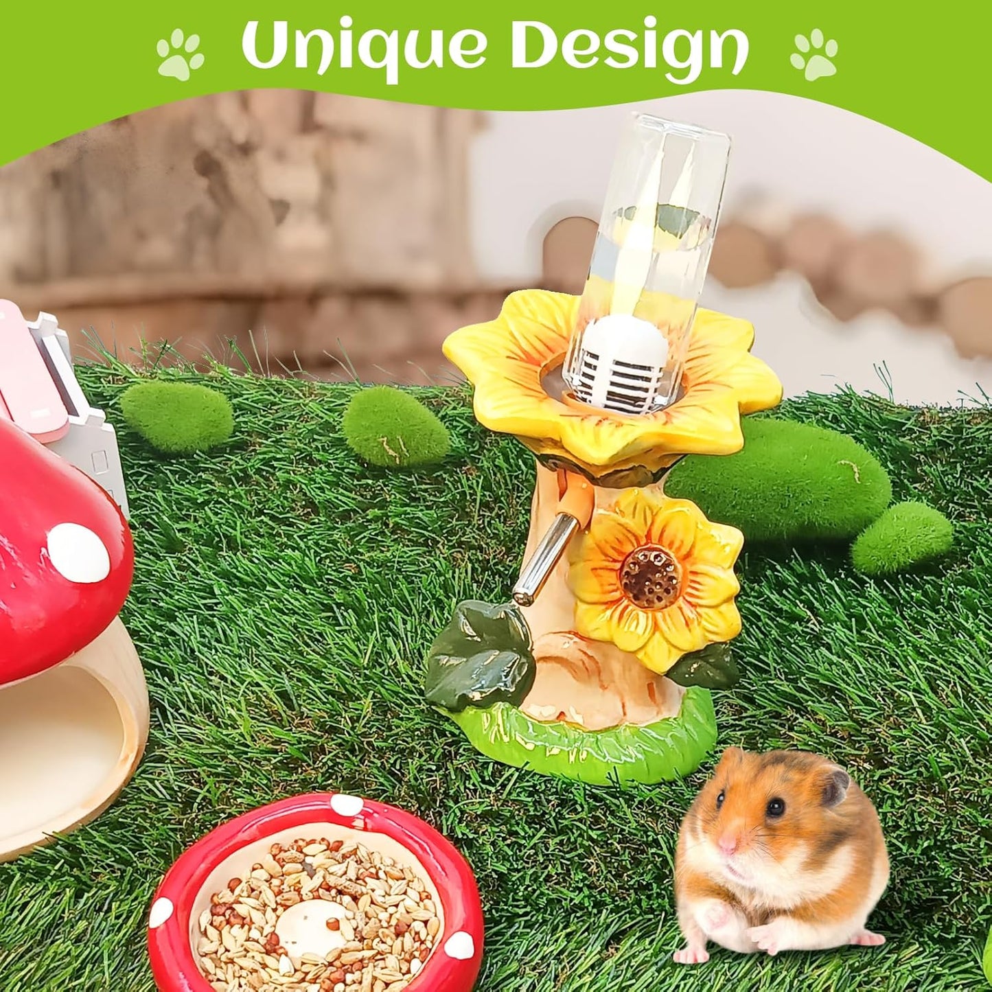 BNOSDM Hamster Water Bottle No Drip Ceramic Hamster Water Bottle for Glass Tank - 80ML Water Dispenser with Yellow Sunflower Stand Holder for Syrian Hamsters Dwarf Hamsters Mice Gerbils