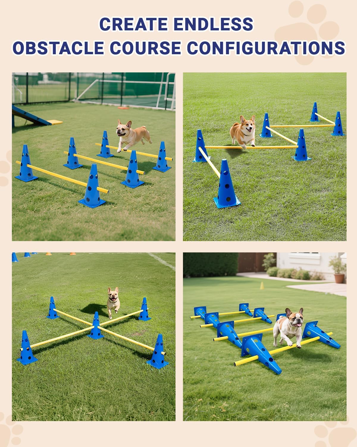 Dog Agility Course Backyard Set, Dog Agility Hurdle Cone Set with Height Adjustable Crossbar for Rehabilitation & Beginners, Dog Agility Equipment for Dog Obstacle Course - 12 Inch