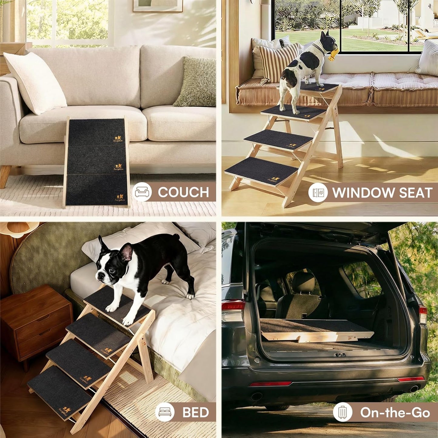Luciphia Wooden Dog Stairs for Small Dogs 2-in-1 Foldable Dog Steps for Beds Cars Couch Anti-Slip Pet Ramp with 4 Steps Indoor Pet Stairs for Medium Large Older Pets Cats up to 220lbs