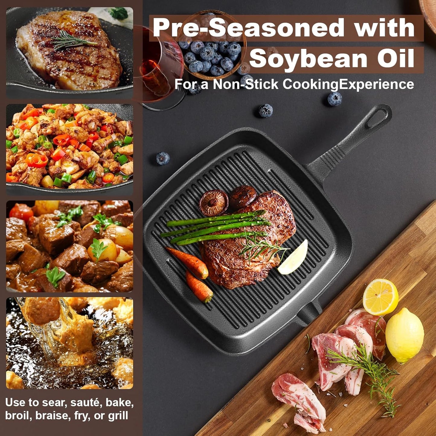 Pre-Seasoned Cast Iron skillets,4 Piece Durable Pots and Pans Set with Handle Covers for Grill, BBQ, Camping Fire, Stovetop, Kitchen and Camping Cookware