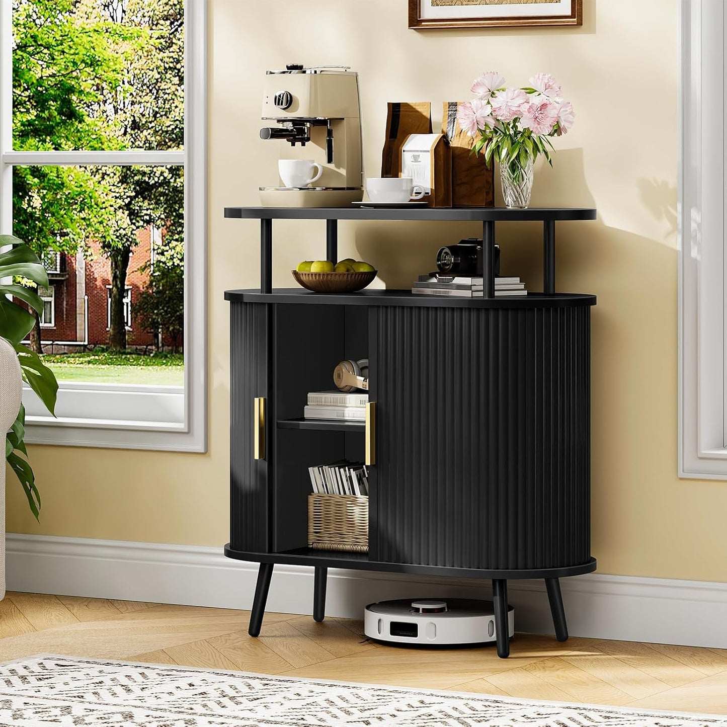 Bathroom Storage Cabinet, Bathroom Cabinet with Sliding Doors, Freestanding Floor Cabinet with Gold Handles, Modern Bathroom Organizer and Storage, for Bathroom, Kitchen, Entryway, Black
