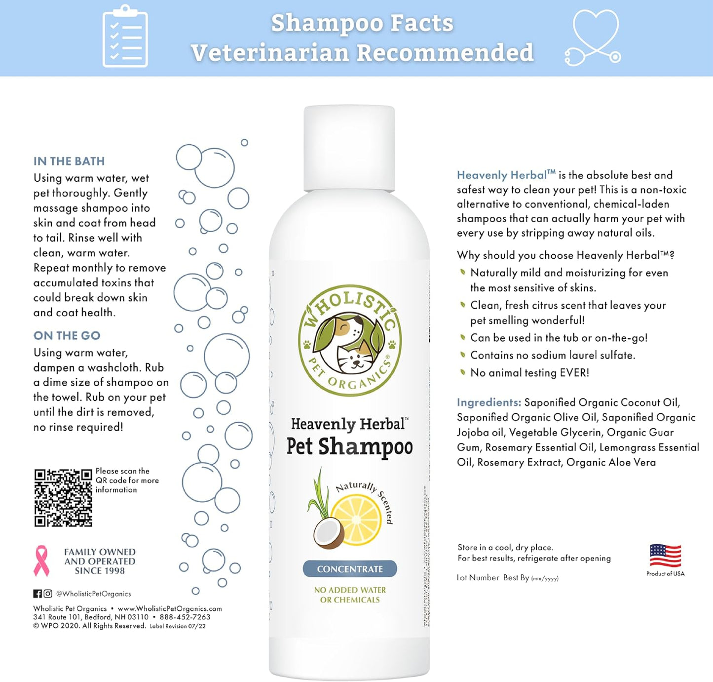 Wholistic Pet Organics Pet Shampoo Concentrate: USDA Organic Cat and Dog Shampoo for Sensitive Skin and Coat Support - Mild and Non-Irritating, Natural, Non-Toxic, Sulfate-Free, & Cruelty-Free - 8 Oz