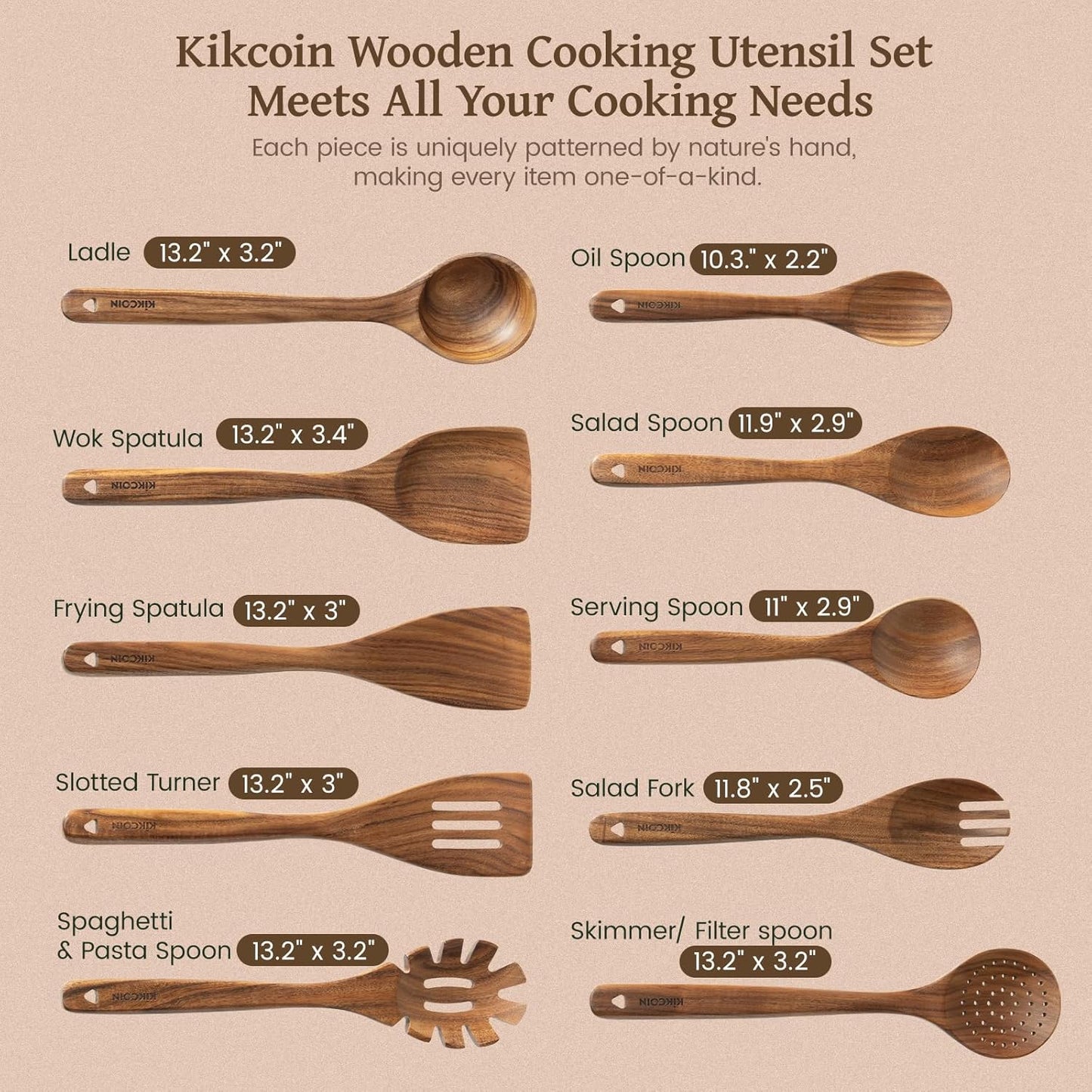 Kikcoin Wood Kitchen Utensils Set, 10 PCS Solid Teak Wooden Spoons for Cooking with Long Handle Heat-Resistant Wooden Cooking Utensils Set for Non-stick Cookware Including Hanging Hole