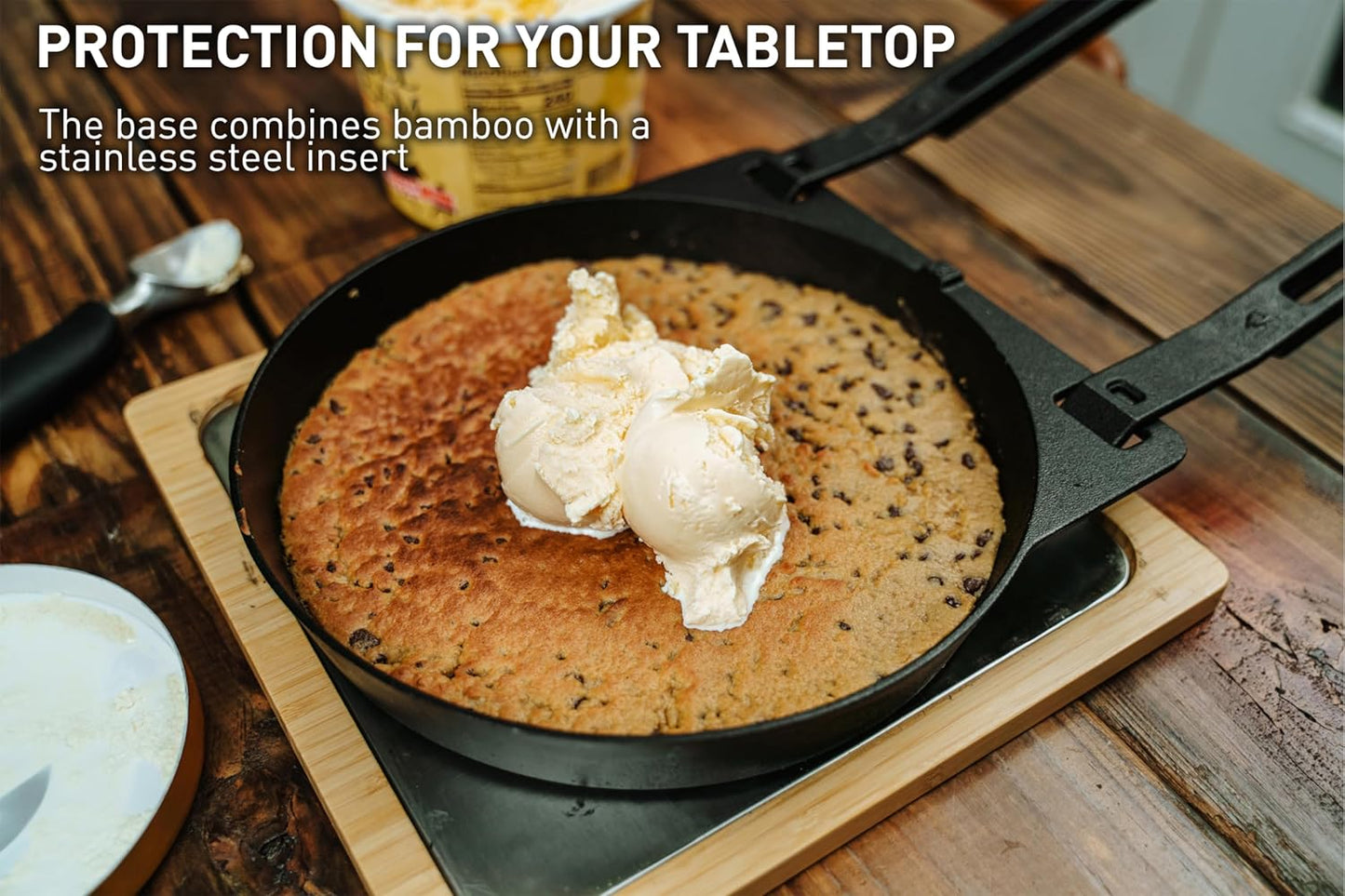 Solo Stove Pi Cast Iron 3-Piece Cookware Set | Incl. Round Skillet (30,5 cm), Reversible Grill/Griddle (29,2 x 33 cm), 2 Removable Handles, Bamboo/Stainless Steel Base for Protection