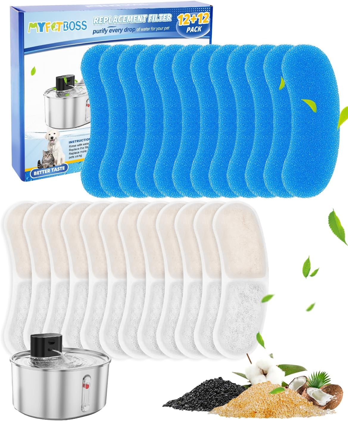 Cat Water Fountain Filter Compatible with virtulance 3.2L/108oz/0.8Gal, Water Filter Cat Fountain Replacement Fit for virtulance, Multilayer Filters System, Keeping Pet Water Clean 12+12Pack