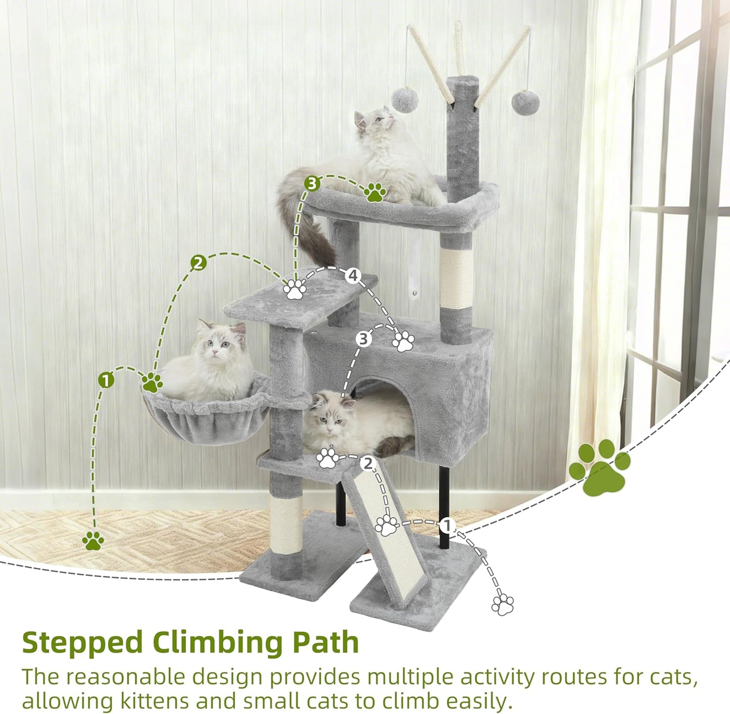 Cat Tree for Indoor Cats, Cat Tower with Scratching Post for Small Cats and Kittens, Cat House with Removable Top Platform and Fluffy Balls, Hanging Cat Basket, Light Gray GCT006SW