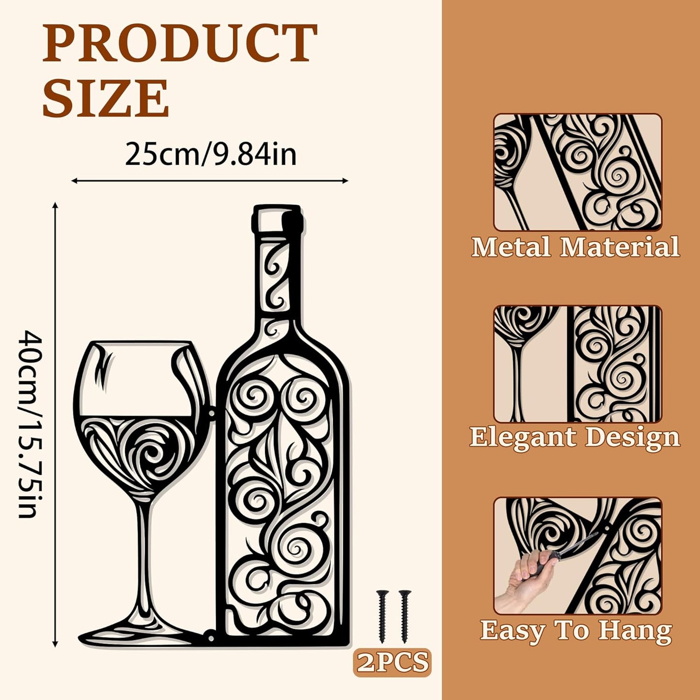 ACOSIY Metal Wine Wall Decor Black Wall Art for Kitchen Modern Bar Sign for Home Dining Room Decoration (Wine)
