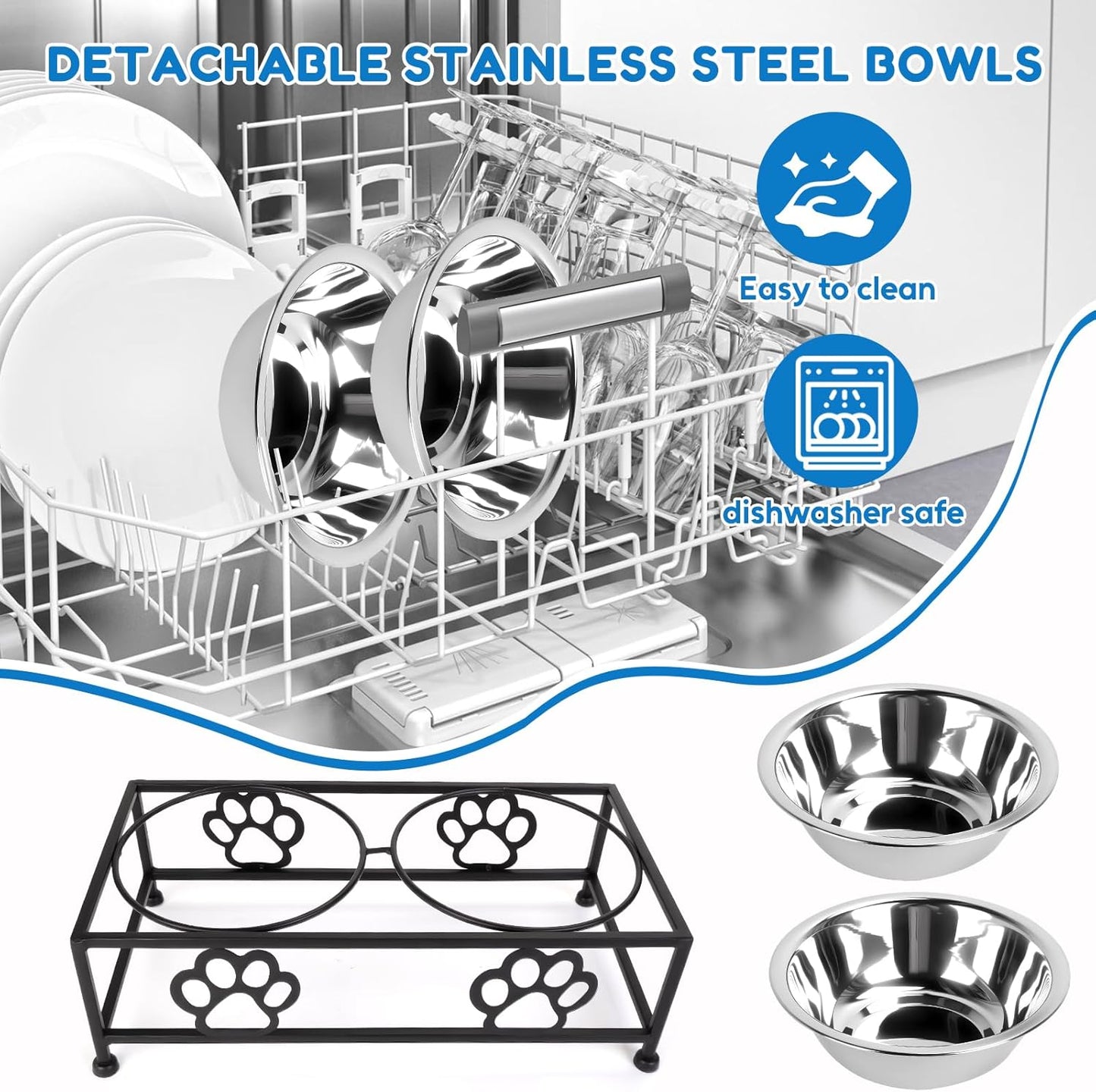 Elevated Cat Dog Bowls 2 Pack Raised Cat Dogs Bowls Stand with Non-Slip Slicone Mat Stainless Steel Elevated Pet Feeding Station (Black)