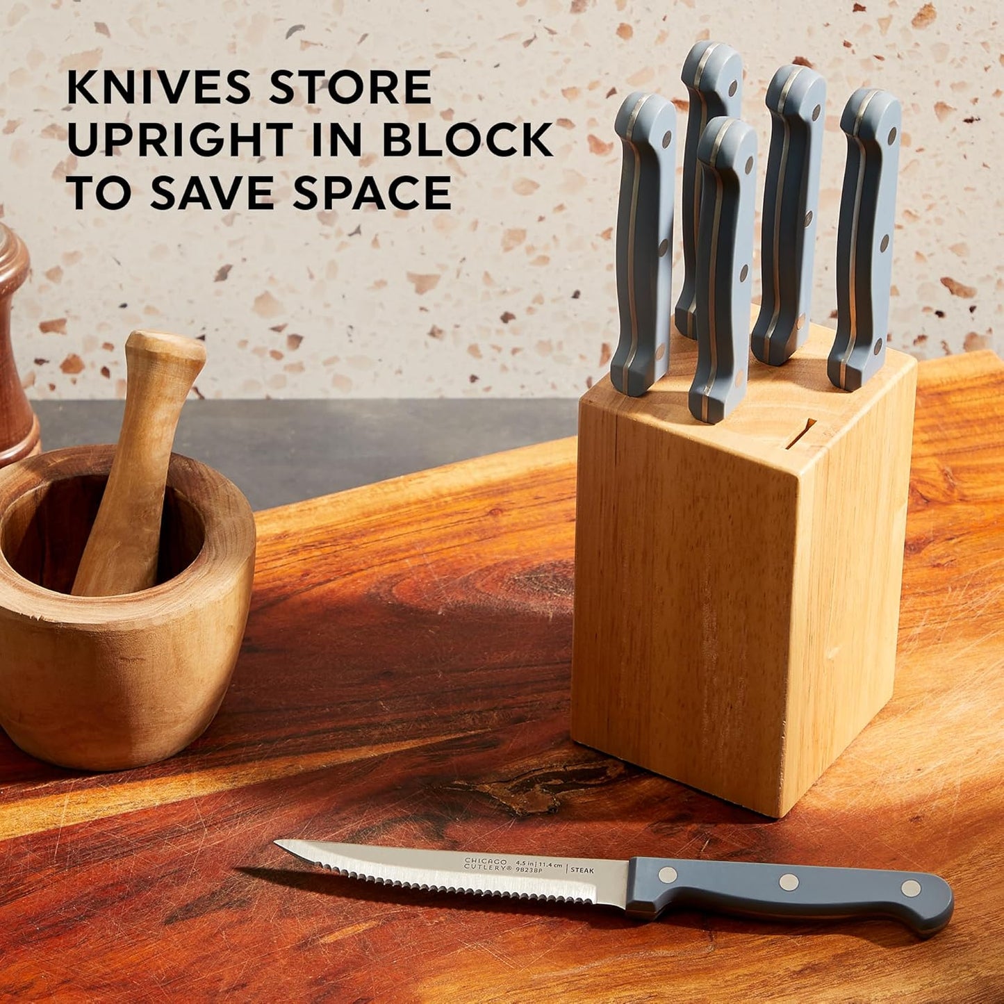 Chicago Cutlery Halsted (7-PC) Steak Knives & Wooden Block Set, Ergonomic Handles and Sharp Stainless Steel Professional Chef Cutlery Set