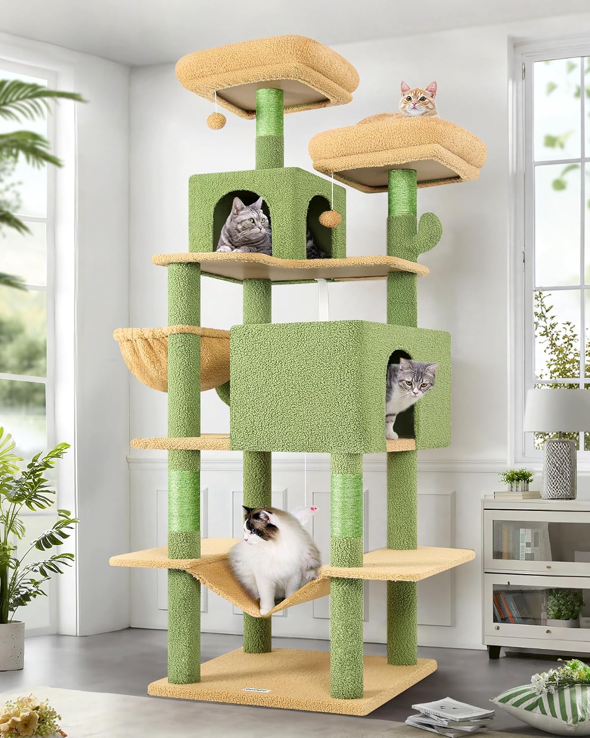 Globlazer Cactus Cat Tree Tower 76-Inch Extra Tall Multi-Level Cat Furniture with Cozy Condos,Interactive Toys and Perches for Large Cats, Perfect for Climbing, Scratching, and Play, F76, Green