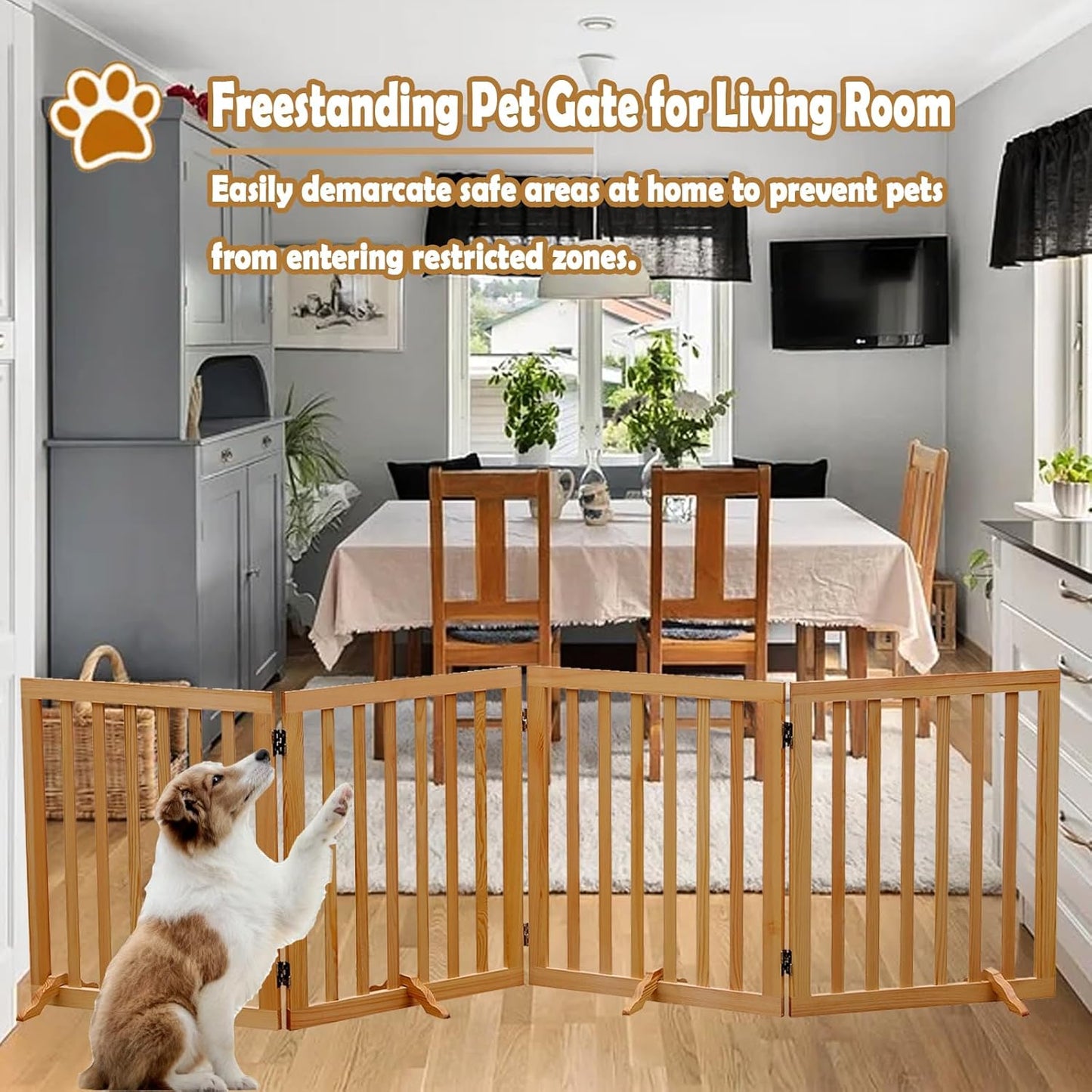 Wooden Foldable Dog Gate Pet Dog Fence for House Stairs Hallways Doorways, Freestanding 4 Panels Puppy Safety Gate 80.9 Inch Wide 23.6 Inch Height Indoor Brown