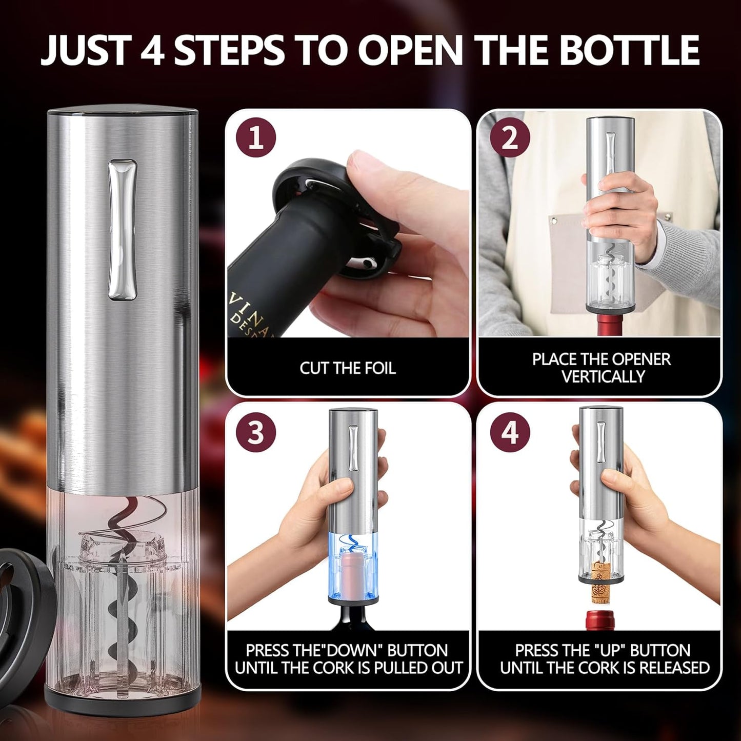 4-in-1 Rechargeable Electric Wine Opener Wine Aerator Gift Set with Electric Wine Decanter, Wine Stopper, Foil Cutter, Automatic Electric Wine Bottle Opener for Home Bar Parties, Stainless Steel
