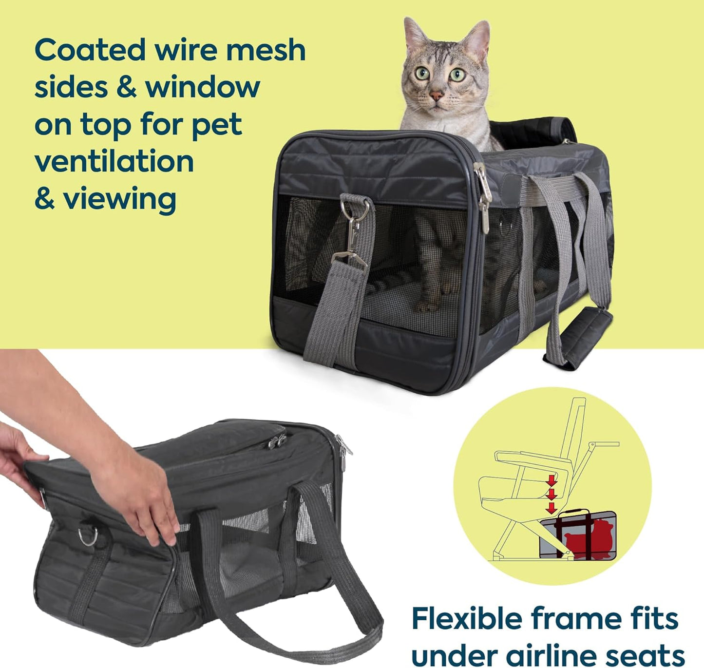 Sherpa Pet Carrier Airline Approved with Spring Wire Frame - Cat Carrier and Dog Carriers for Airline Travel and Vet Visits, Mesh Ventilation, Locking Zippers - Charcoal Grey, Large