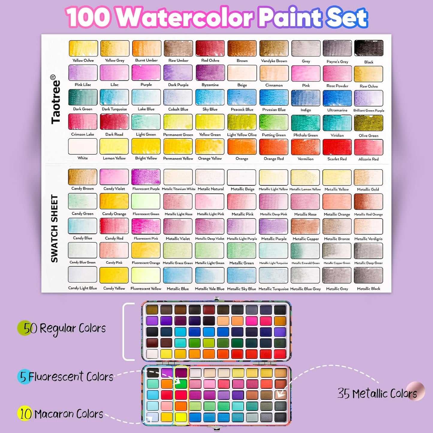 Taotree Watercolor Paint Set 100 Colors, Art Supplies Watercolors Kit Travel Water Colors with 3 Paints Brushes, Crafts Painting Supplies, Drawing for Adults Artist Drawing, Painting