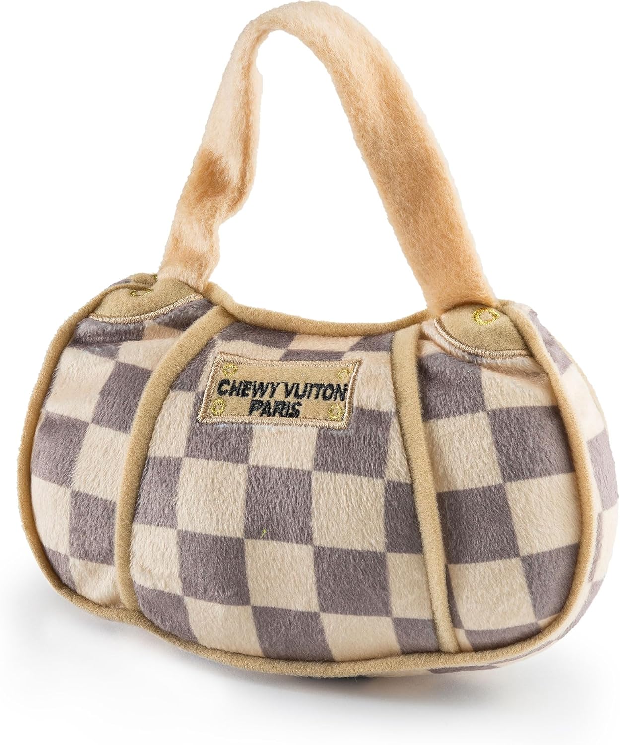 Haute Diggity Dog Checker Chewy Vuiton Handbag, Plush Designer Dog Toys with Interactive Squeaker, Stimulating Pet Enrichment, Machine-Washable & Safe Materials for All Breeds, Size Large