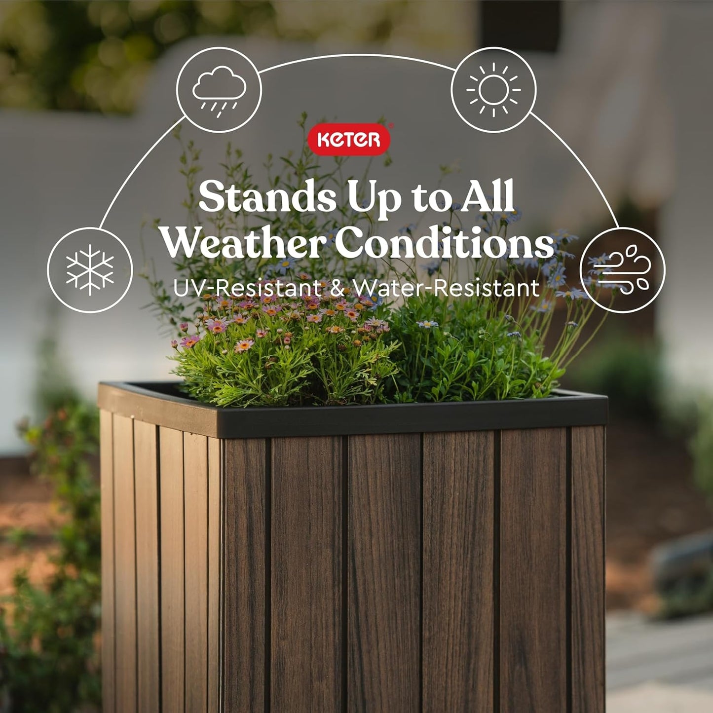 Keter Signature 21.6 Inch Tall Square Large Wood Look Planter for Indoor or Outdoor Flower Pot Ideal for Patio Deck and Front Porch Decor, Rosewood