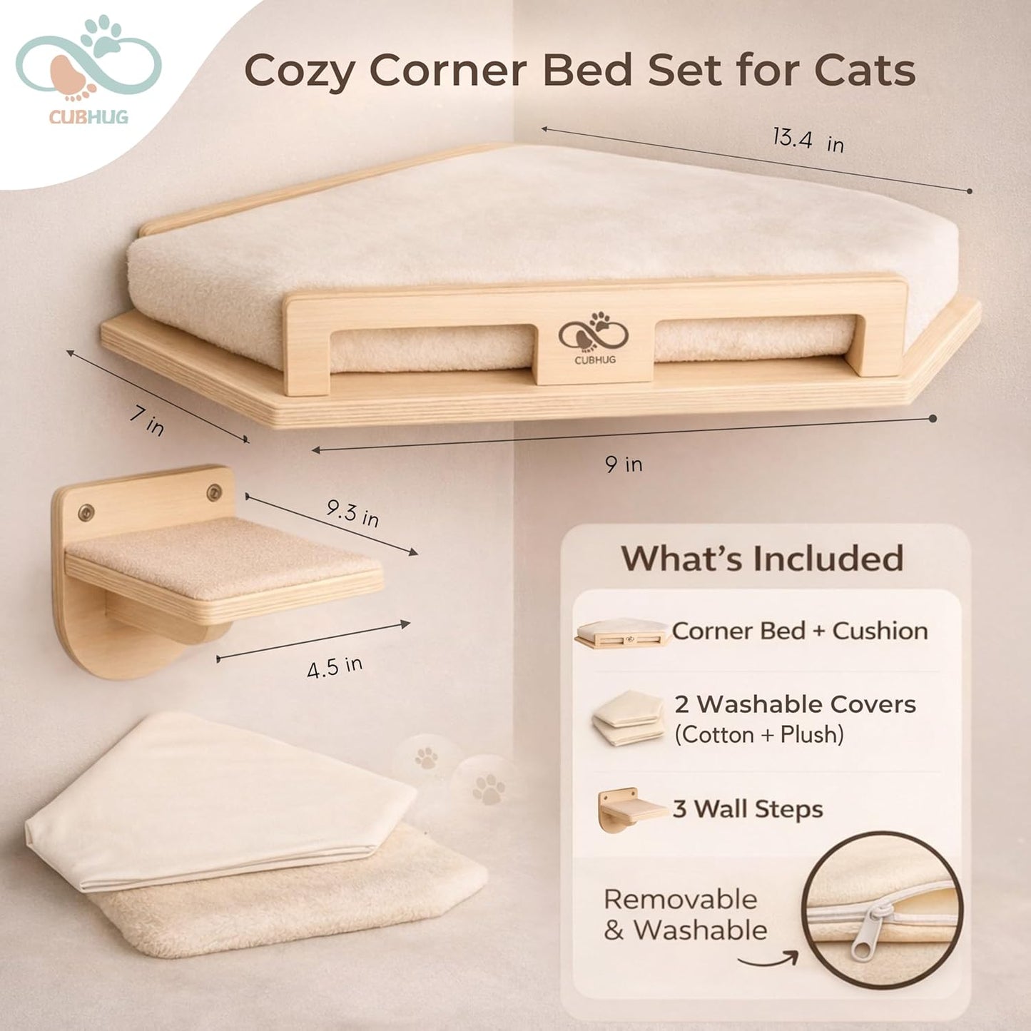 Cat Wall Shelves for Cats & Kitten up to 25 lb – Solid Wood Cozy Corner Bed + Cushion with 2 Washable Covers +3 Wooden Steps, Safe Haven for Indoor Cats, Cat Shelves for Wall, Wood Color