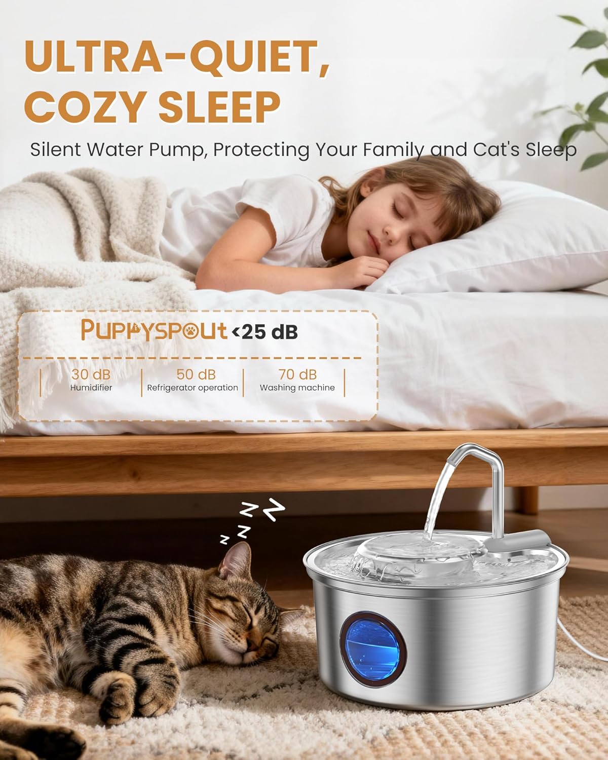 Cat Water Fountain Stainless Steel - 108oz/3.2L Ultra-Quiet Cat Fountain for Drinking with Removable Water Bowl, Kitty Spout Fountain with 3 Filters Supplies for Cats, Small Dogs, Multiple Pets