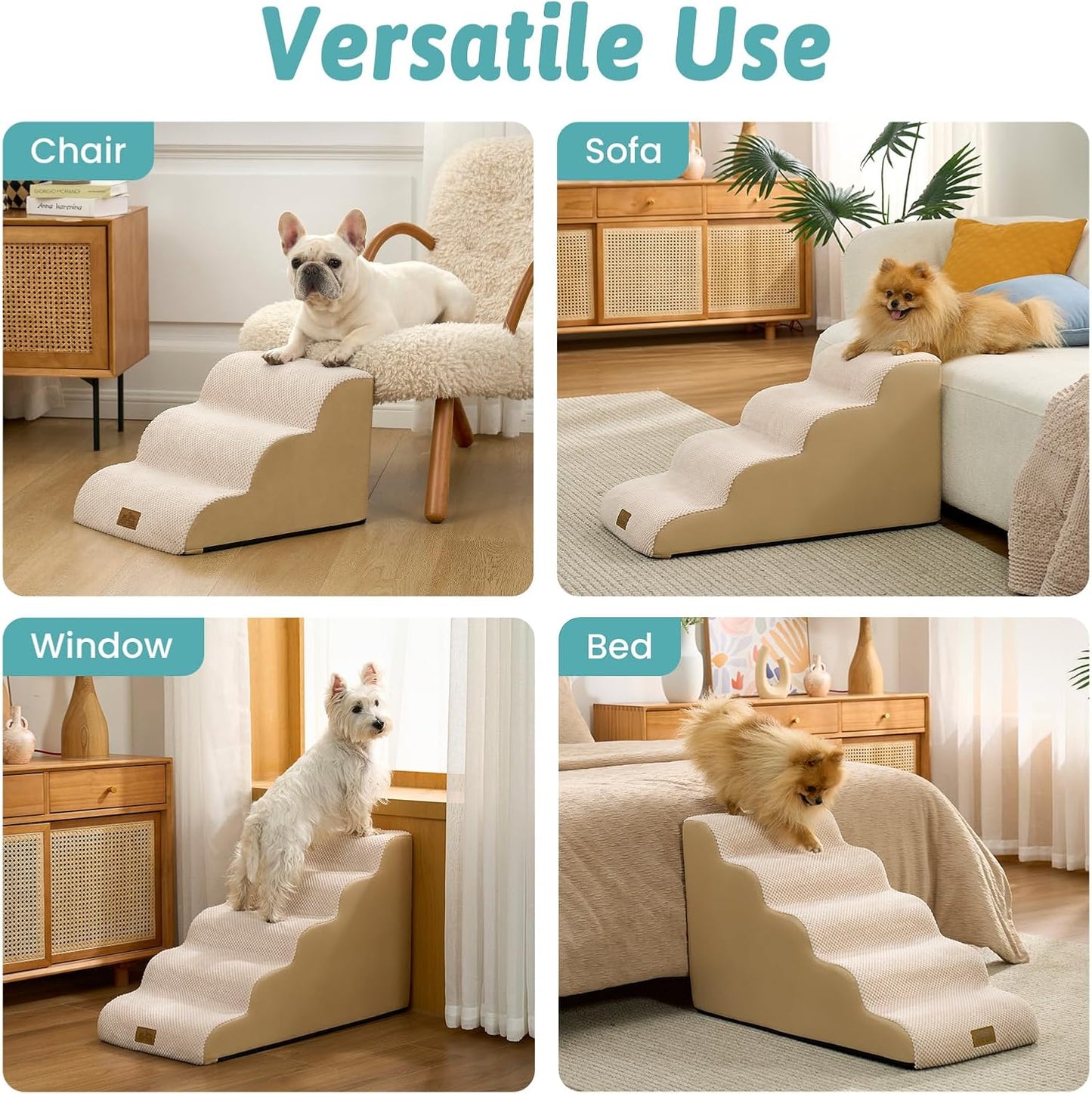 Dog Stairs for Small Dogs 13" H, 3-Step Slope Curved Dog Steps for Couch, Chair or Bed, Sturdy Pet Stairs for Puppy, Older Cat, Cat Ladder with High Density Foam, 15.7x20x13 inch, Beige