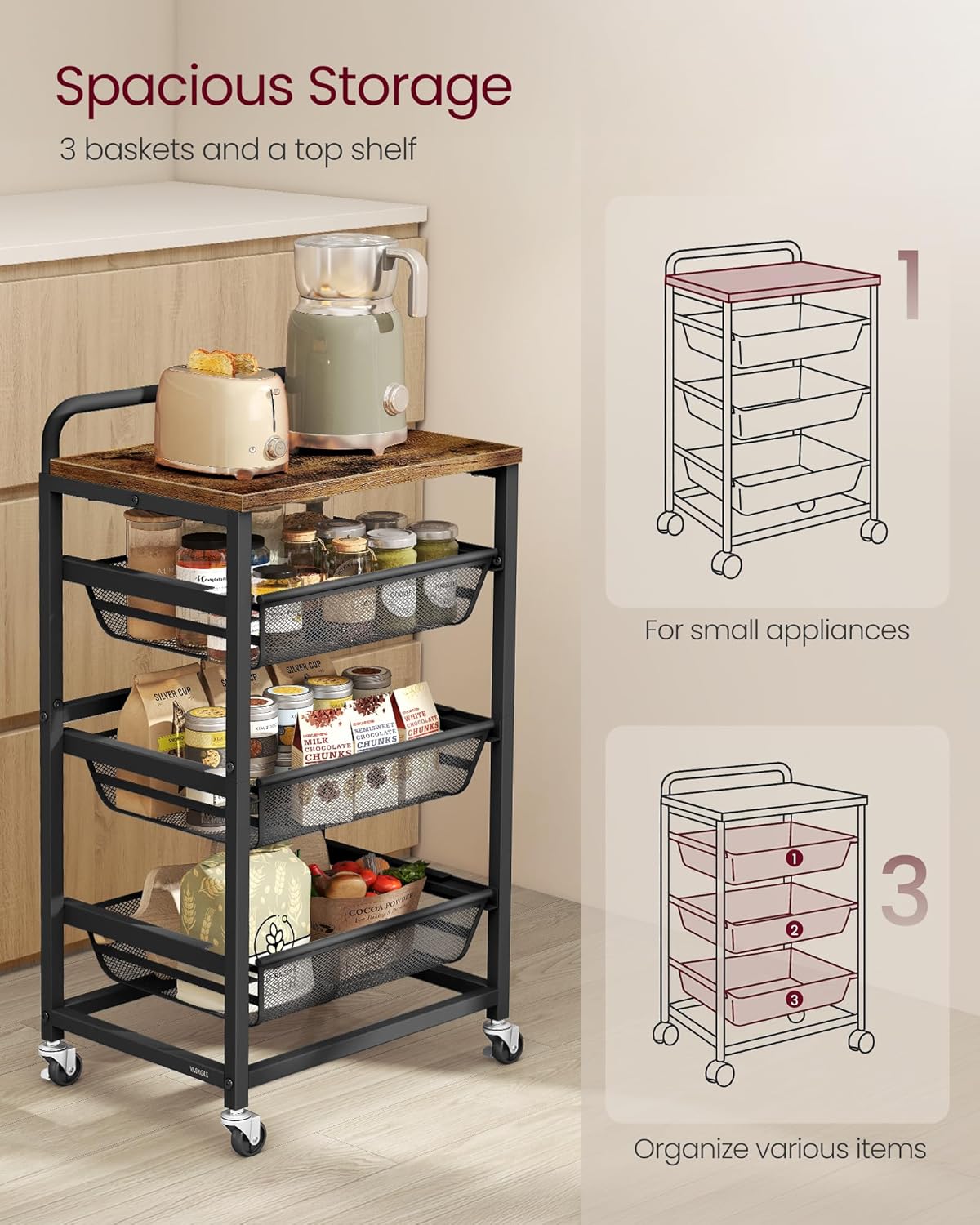 VASAGLE Storage Rolling Cart with Pull-Out Baskets, 4-Tier Utility Cart Orgnizer with Wheels for Laundry Room, Kitchen, Handle, 12.5 x 15.8 x 29.9 Inches, Rustic Brown and Ink Black ULRC040K01