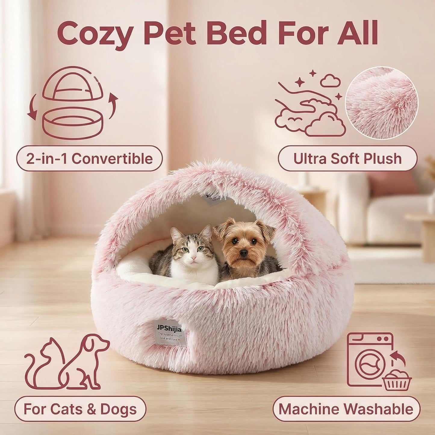Cat Cave Bed, Dog Bed with Cover, that is, Warm, Full of Security, The Cover Can Be Removed to Become a Doughnut Bed, Suitable for All Seasons (Cave Bed - Pink, Medium 19.7 Inches)