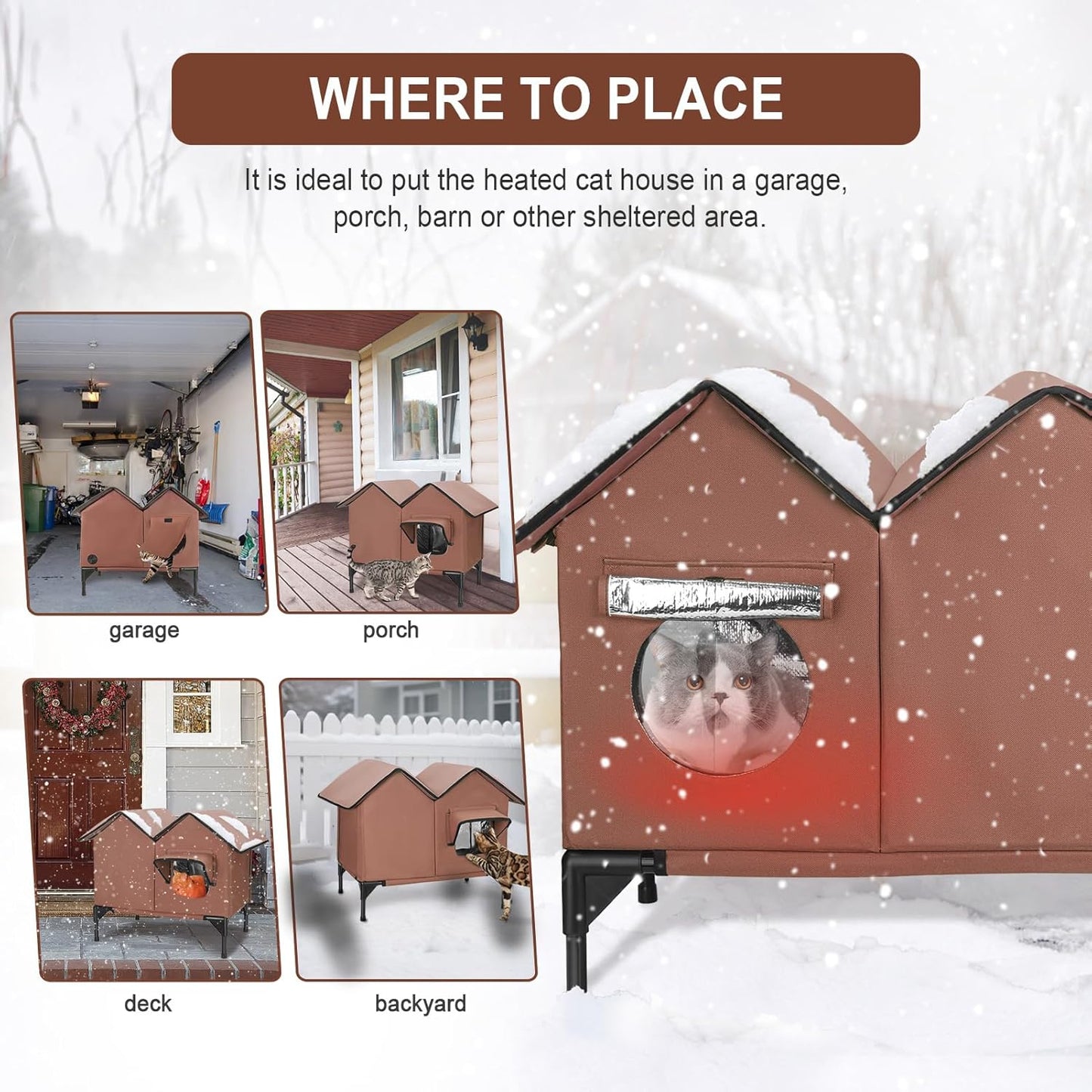 Heated Cat House for Outside Winter, Large Heated Outdoor Cat House Weatherproof, Elevated Bed, Escape Door, Insulated Outdoor Cat Shelter with Heater for Multiple Cats Feral Stray Kitty, Easy Setup