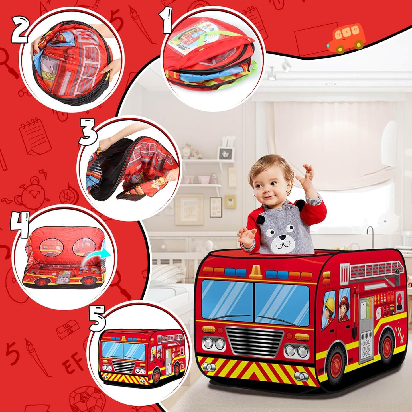 Pop Up Play Tent for Kids Aged 3-5 Years Old Boys and Girls : Fire Truck Tent Playhouse Toy Play Tents for Toddlers 3-5 Kids Tent Indoor Outdoor Playhouse Toys for 3 + Year Old, Fire Truck