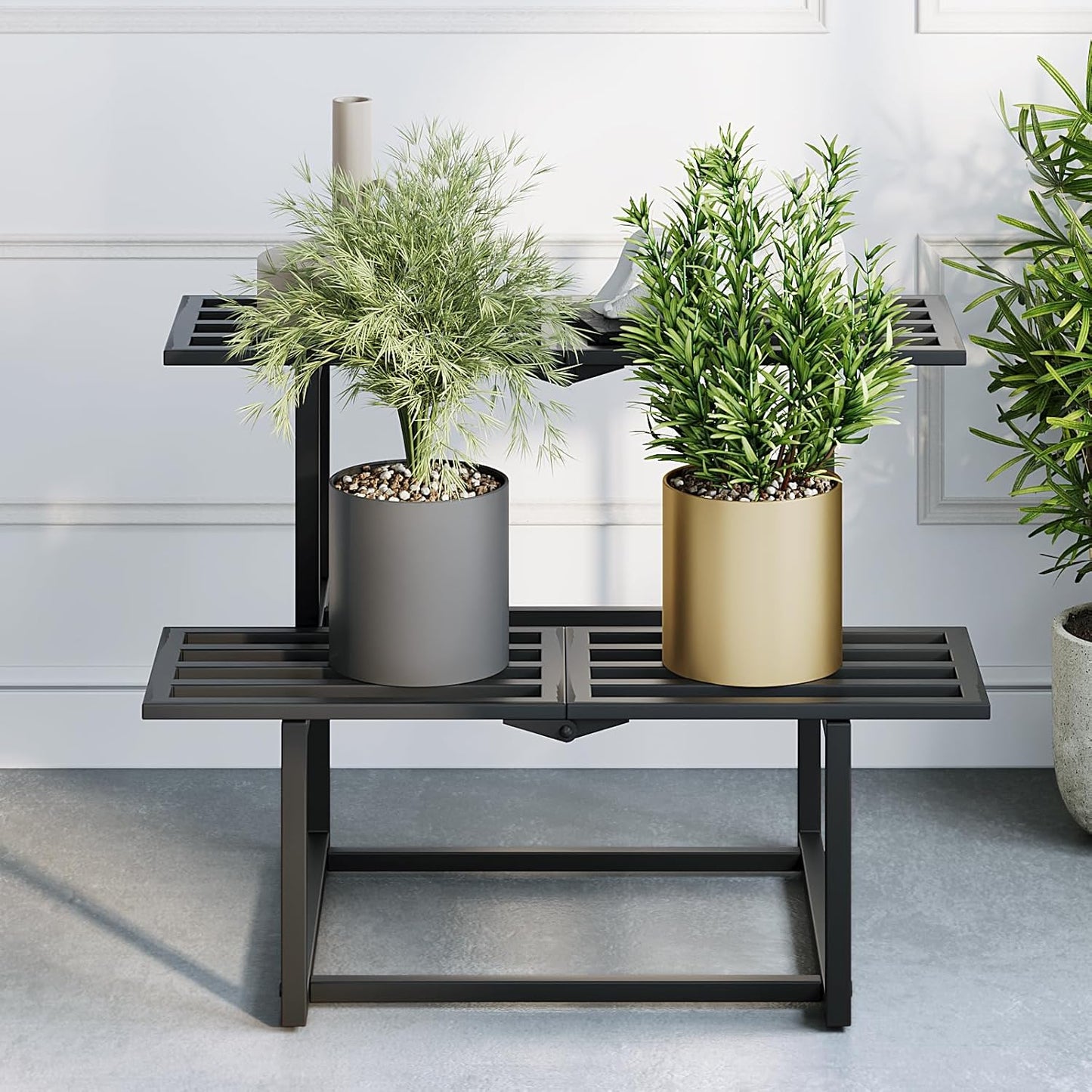 Plant Stand Indoor Outdoor, Foldable Metal Plant Shelf for Multiple Pots, Mid Century Slatted Bench for Patio Garden, Heavy Duty Capacity 330 lbs 2 Tier Black