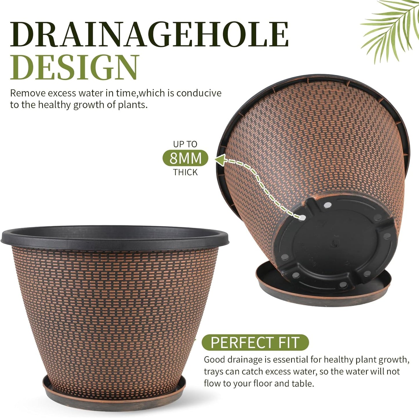 4 Pack 10 inch Plant Pot for Outdoor Indoor, Plastic Flower Pots with Drainage Holes & Saucers, Lightweight Large Outdoor Planter Pot, Imitation Knit Pots for Garden House Planters (Black Copper)