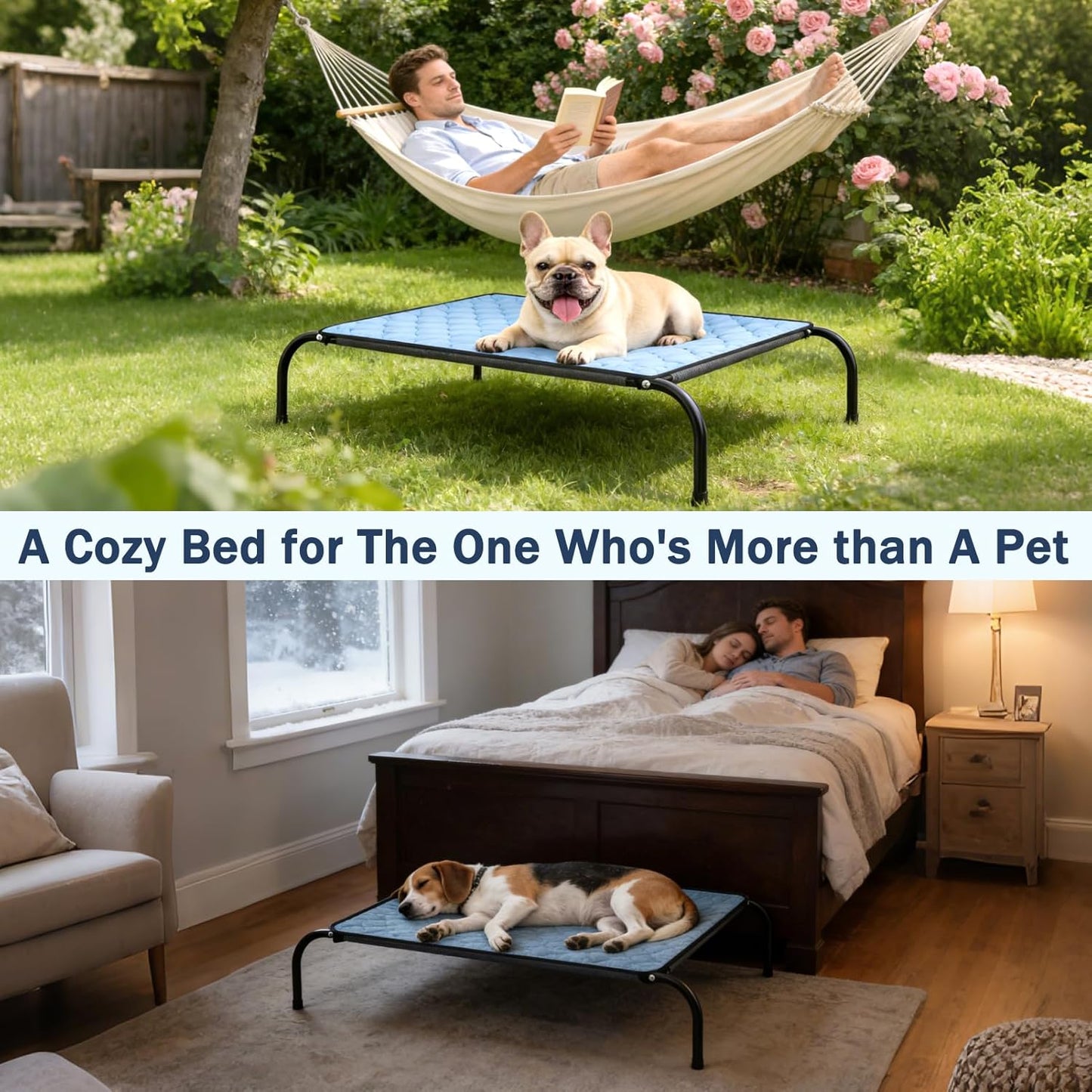 SZEE Raised Dog Cot Bed with Detachable 2-Sided Cooling/Warming Waterproof Mat, Elevated Dog Bed for Medium Sized Breeds with Durable Steel Frame & Sturdy Teslin Mesh, Outdoor & Indoor All-Season Use